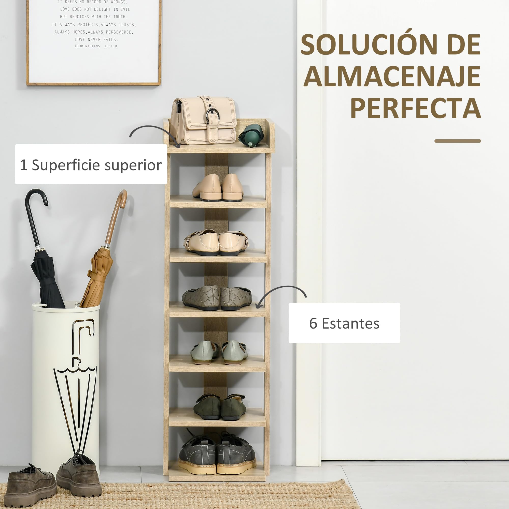 HOMCOM Zapatero Estrecho de 7 Niveles para 6 Pares Espacio Pequeño Roble