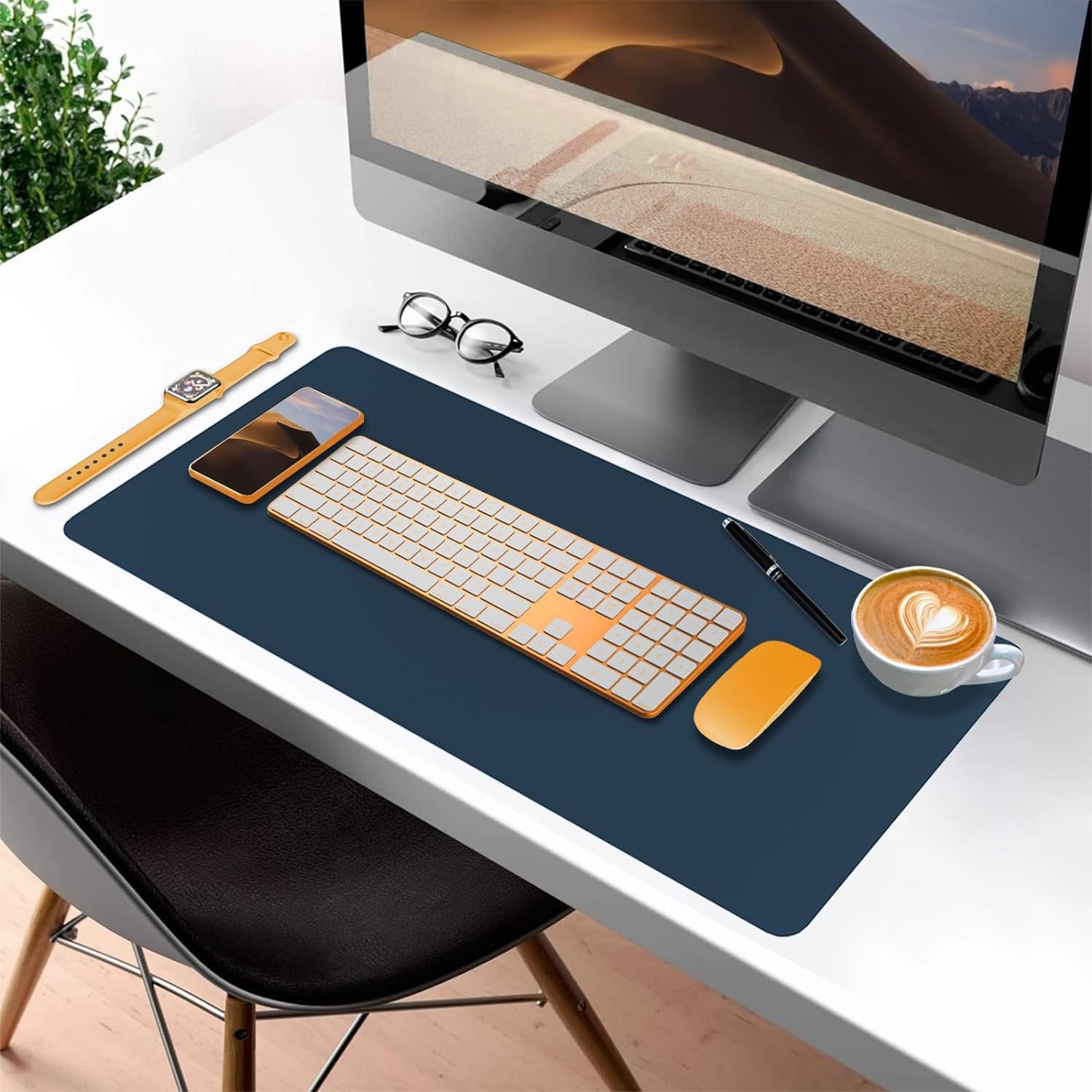 K Kossh Vegan PU Leather Large Desk Mat, Extended Mouse Pad for Work from Home/Office/Gaming, Reversible Anti-Slip Design, Water Resistant Reversible (Navy Blue & Yellow 17"x36") (B0CZDKKC5T) Amazon Price History, Amazon Price Tracker