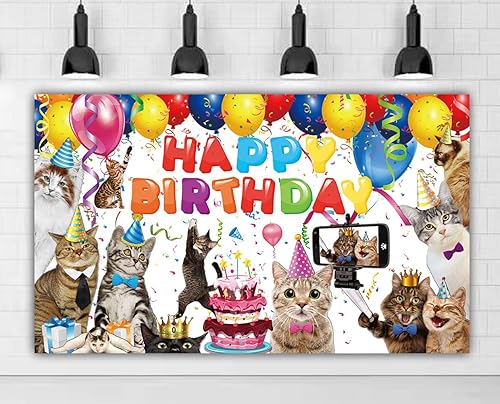 Miniatura 6 de Cartel de cumpleaños con texto en inglés Happy Birthday de 6 x 3.6 pies con texto en inglés Happy Birthday para gatos y gatos, suministros para