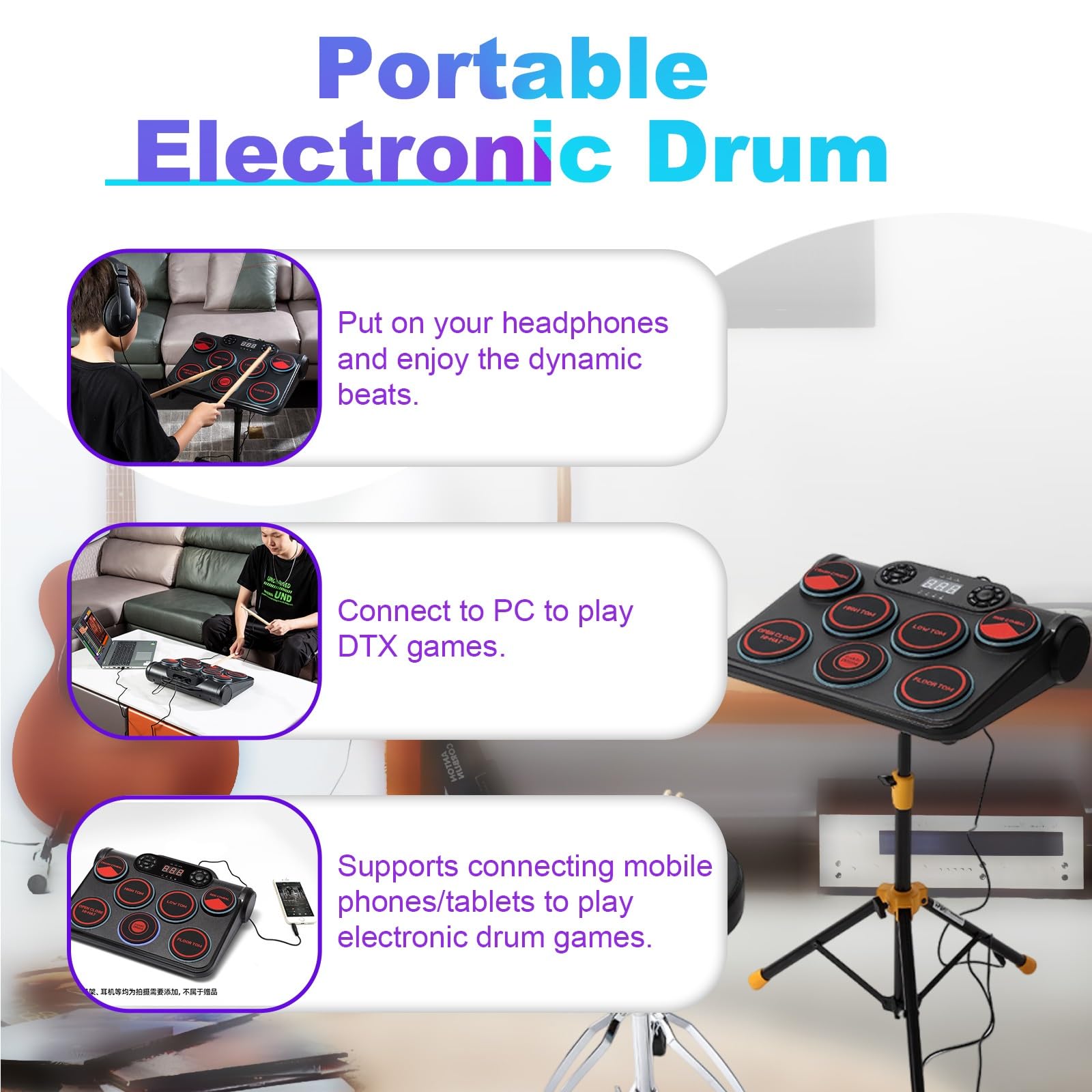 Batteria Digitale Portatile 7 Pad, Kit Batteria Bambini Principianti, Altoparlanti Integrati, Interfaccia MP3, Modalità Cuffie, Batteria Musicale