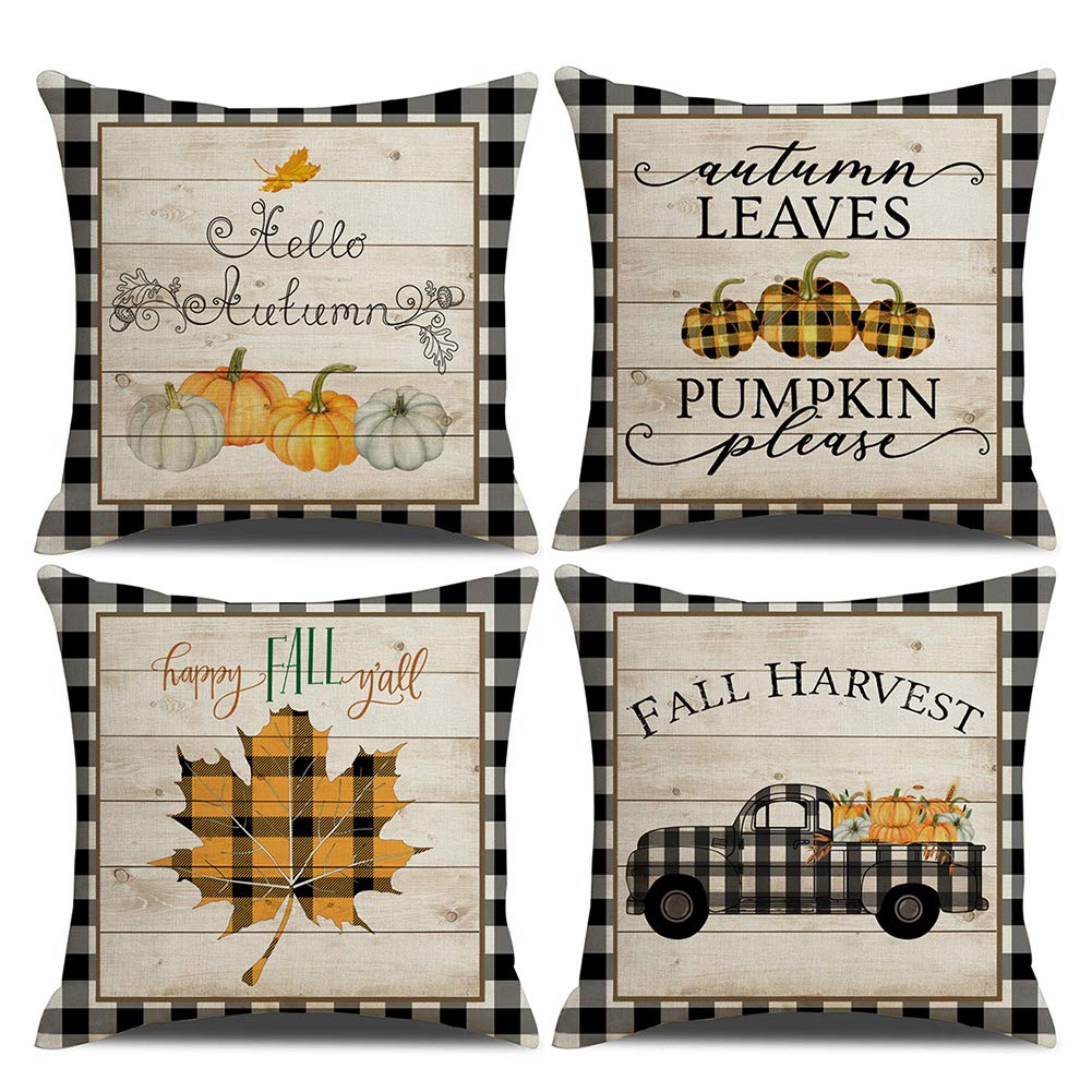 Fall Decorative Pillow Covers Buffalo Plaids Pumpkin Maple Leaves Fall Harvest Truck Farmhouse Decor Throw Pillow Case Cushion Cover 18" x 18" Set of 4（Fall Buffalo Plaids-4 Pack）