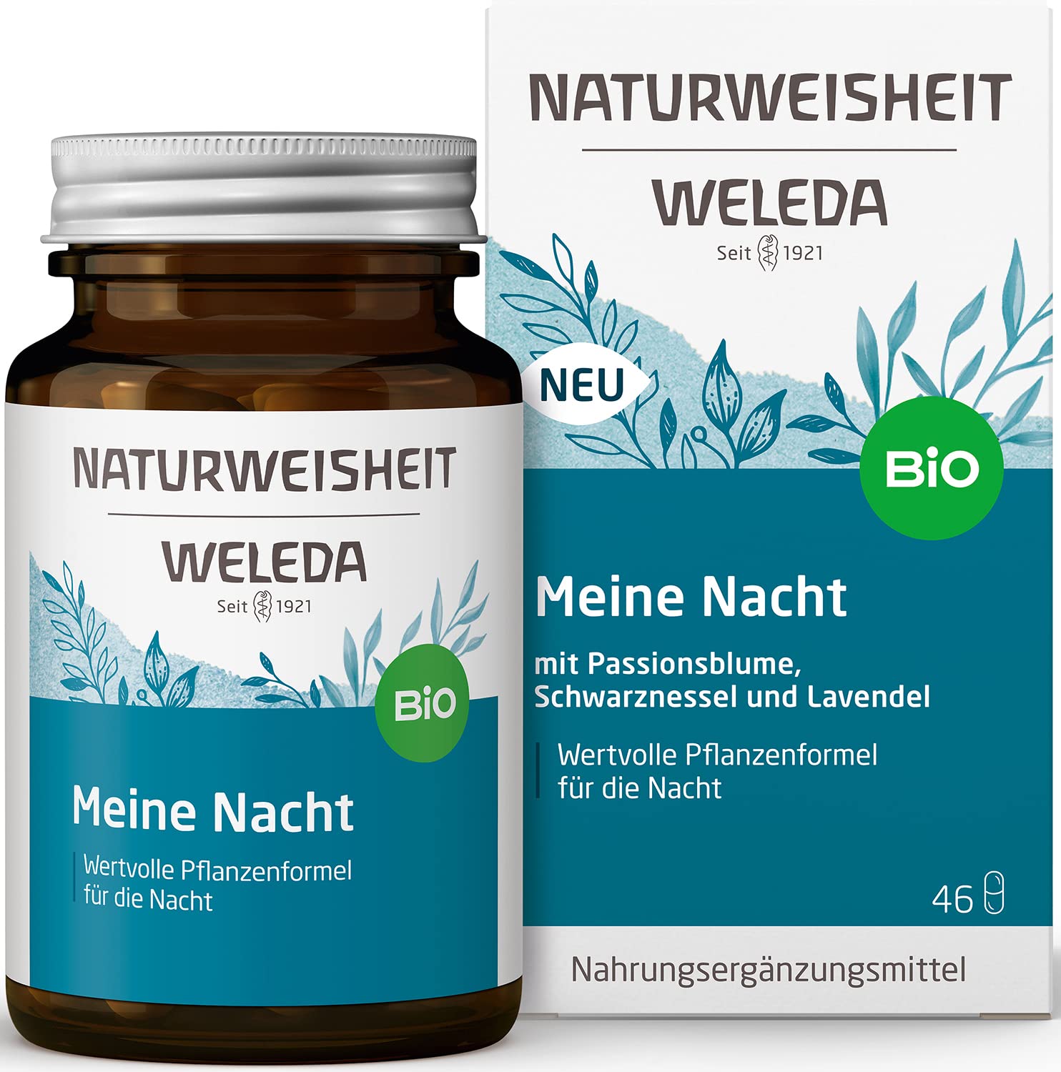 WELEDA Bio Naturweisheit Meine Nacht, Nahrungsergänzungsmittel Einschlafhilfe mit Ashwagandha, Baldrian, Passionsblume & Lavendel für einen gesunden Schlaf (46 Kapseln, laktosefrei, glutenfrei, vegan)