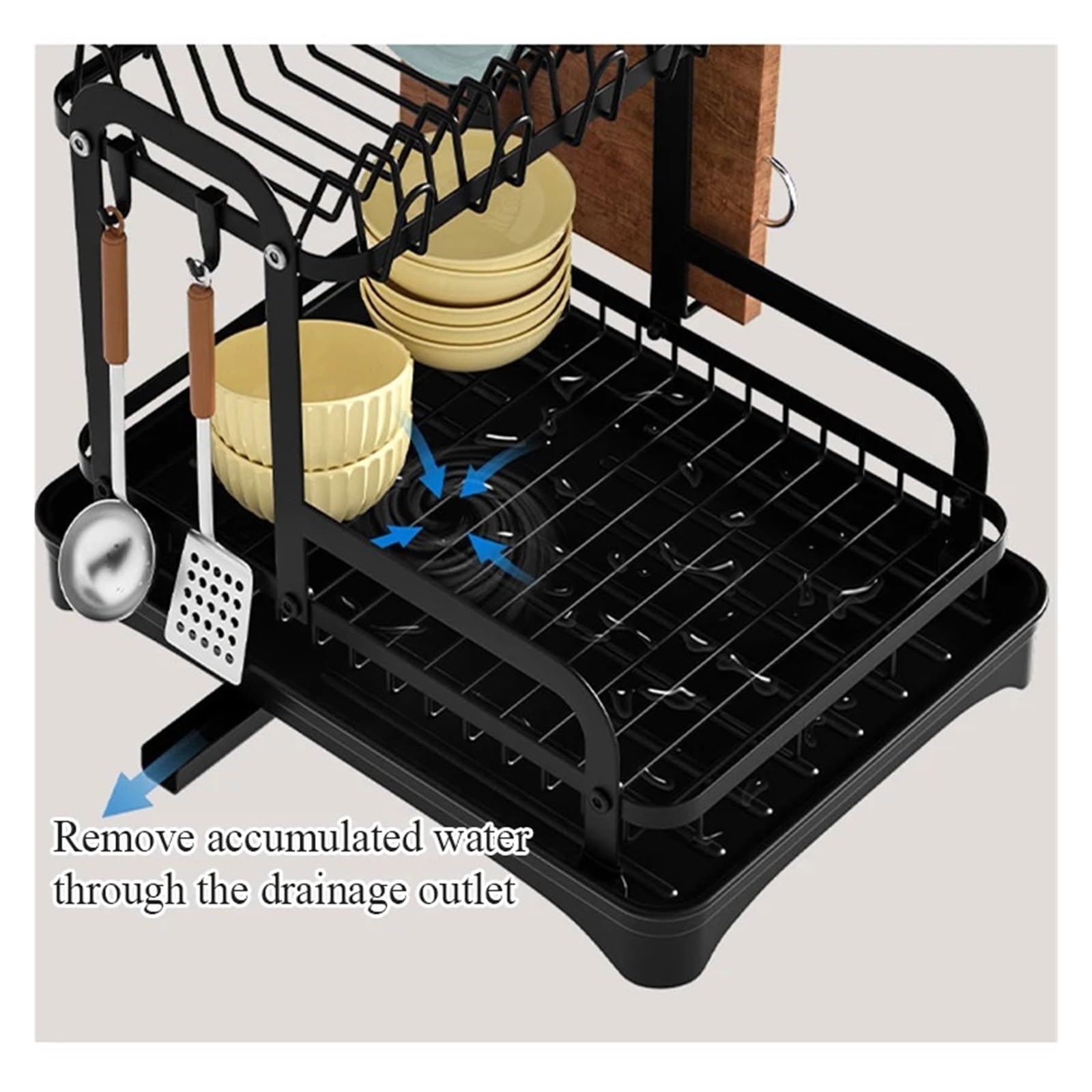 Égouttoir à vaisselle à 2 niveaux, support de rangement, organisateur de cuisine avec panier de vidange, égouttoir de vaisselle de comptoir(Black)