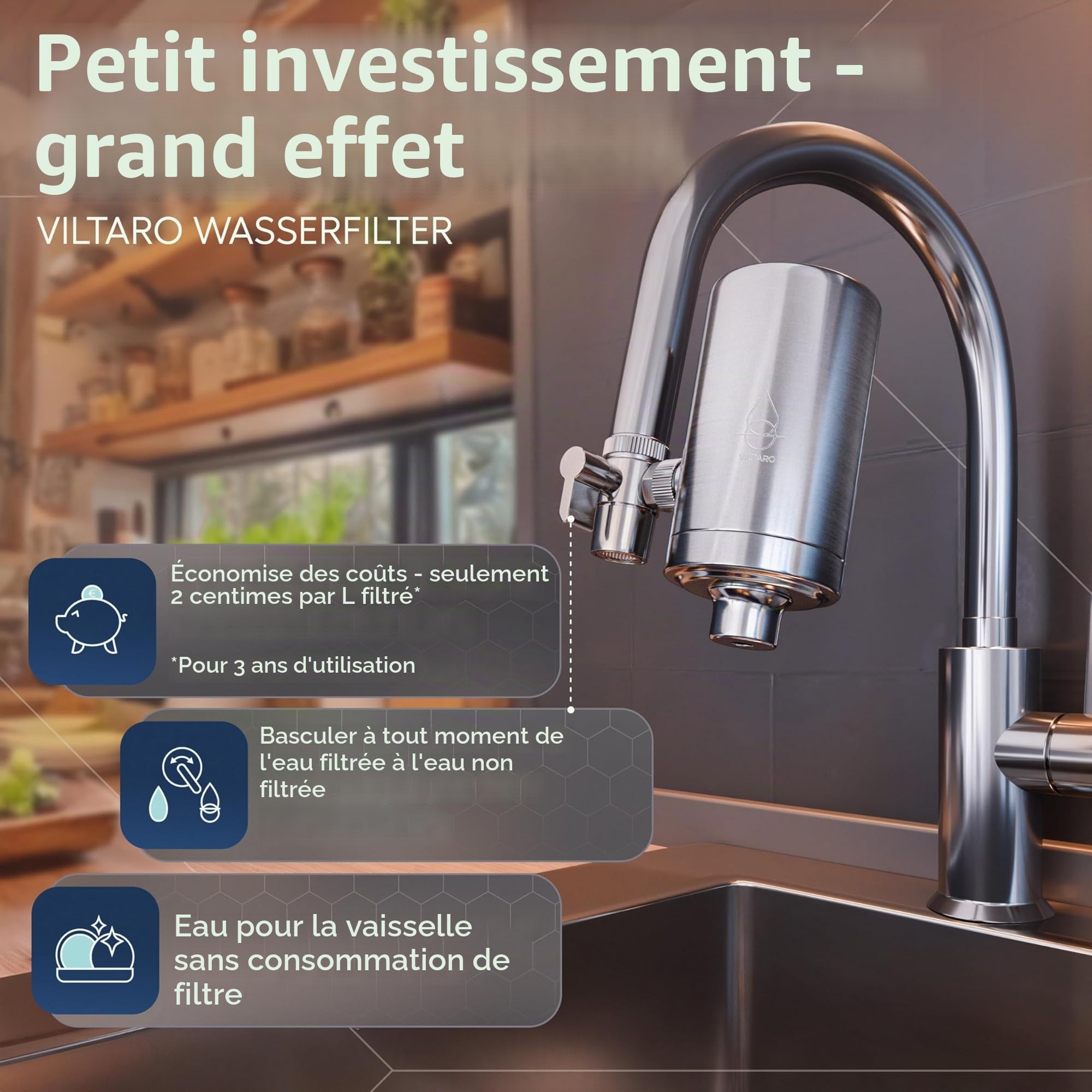 VILTARO® Robinet filtrant à eau - Filtre à charbon actif - Sans BPA, acier inoxydable, montage facile, élimine les polluants