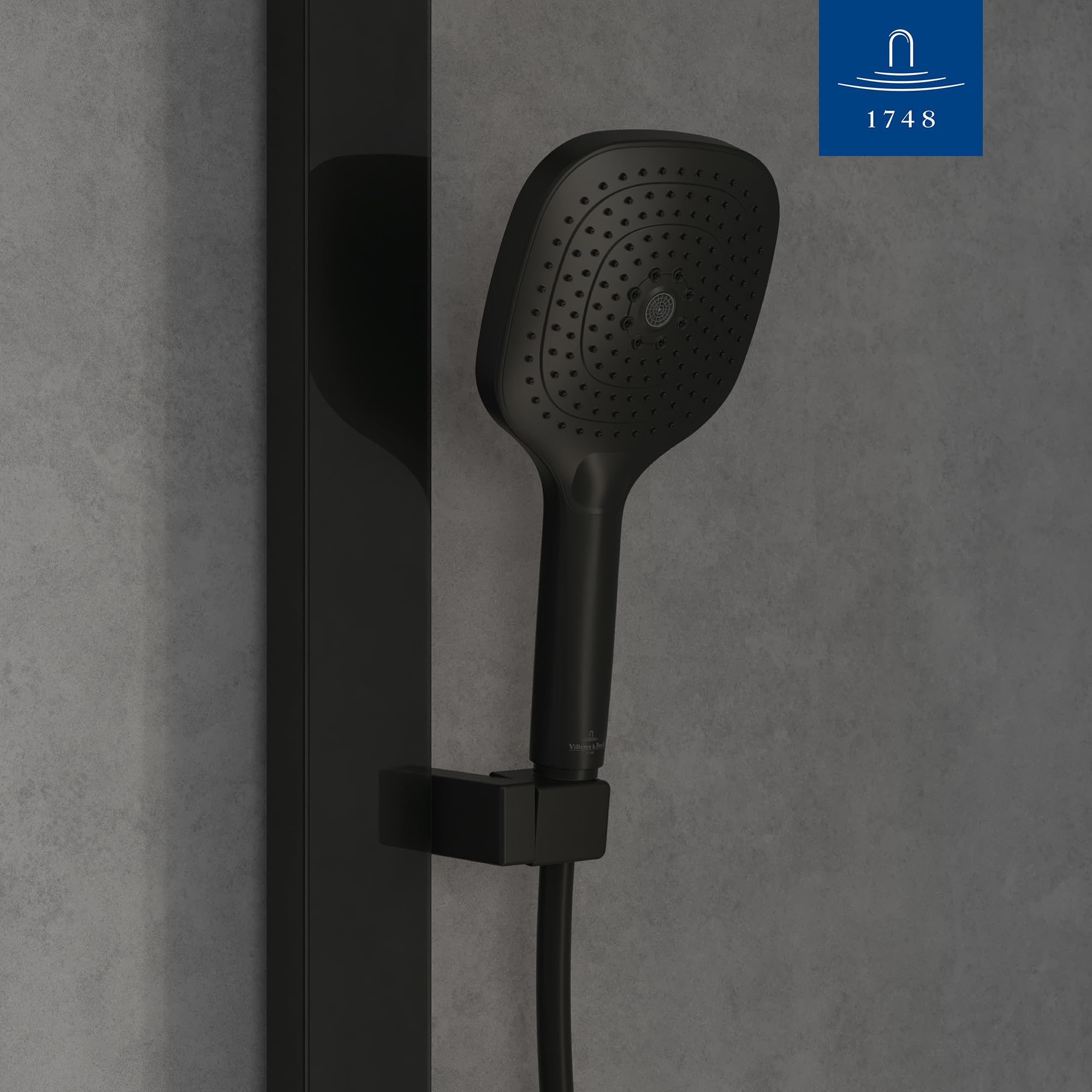 Villeroy & Boch Elody, cabezal de ducha, mango de ducha angular con tres tipos de suministro (Laminar, Massage y Velvet) y botón de modo, EasyClean, conexión universal – Negro Mate | Alcachofa de ducha angular, 3 tipos de chorro intercambiables, EasyClean