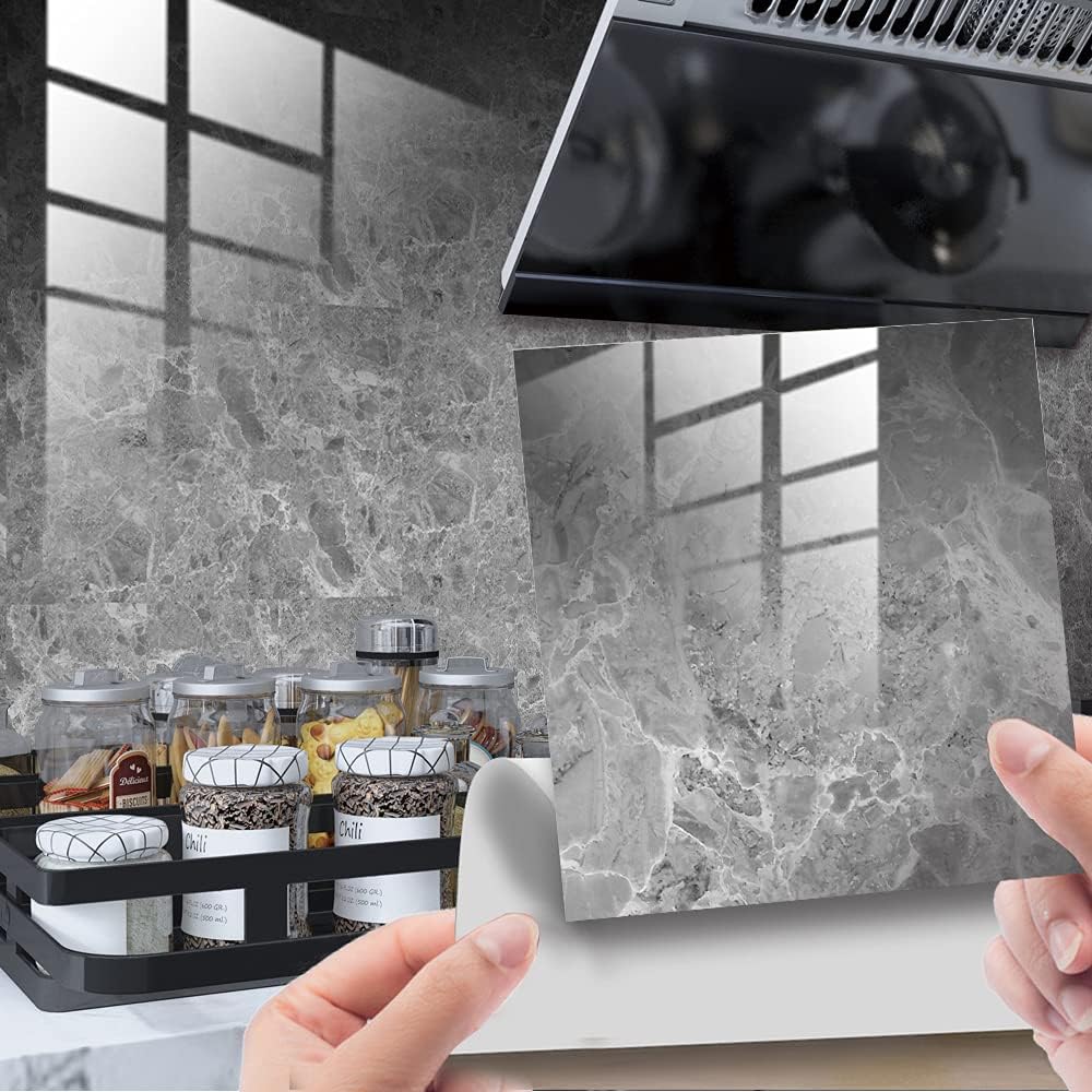 HORIWE Marble Tile Stickers for Kitchen Bathroom Backsplash PVC Waterproof Oil Proof DIY Self Adhesive New Wall Stickers Home Decor 4x4 Inches 20pc (Grey Marble Pattern 2, 10x10cm(4"x4"))