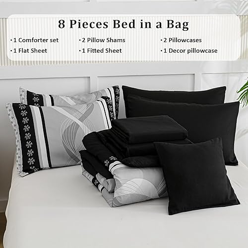 Miniatura 6 de Anibedding - Juego de ropa de cama con edredón, tamaño Queen, de 8 piezas, negro, bohemio, en una bolsa, diseño de rayas y retazos, de microfibra