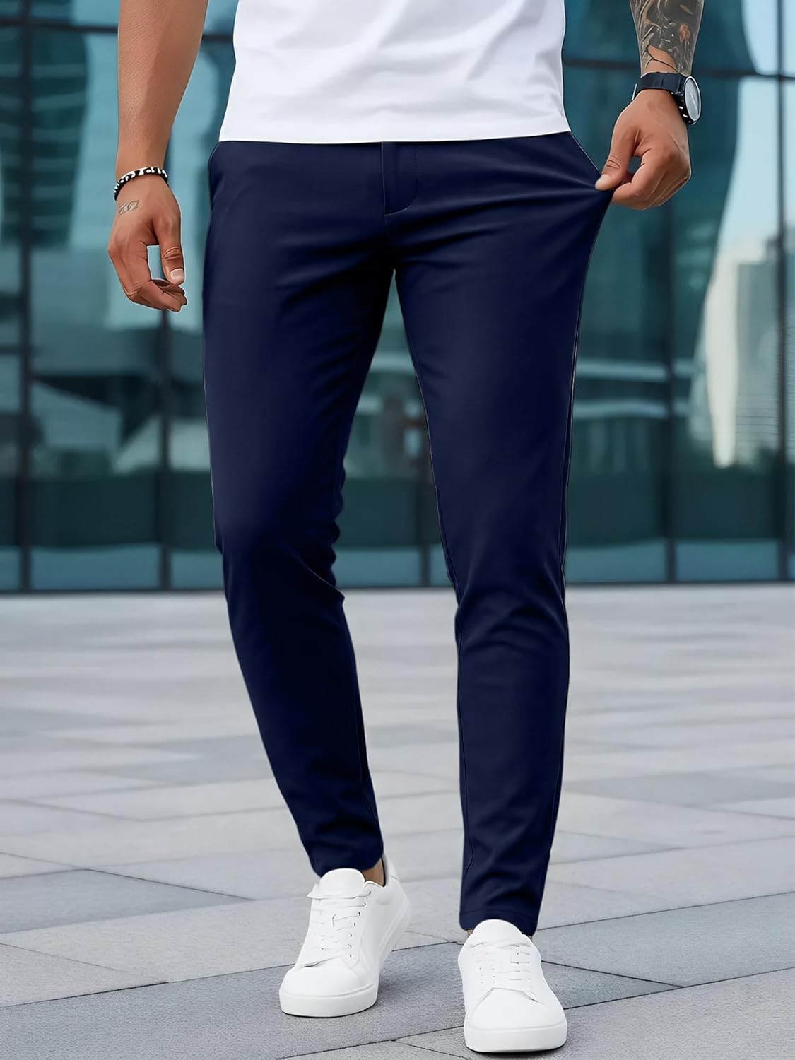 Woenzaia Men's Slim Fit Dress Pants Casual Stretchy Twill Chinos Tapered Skinny Slacks - Image 2