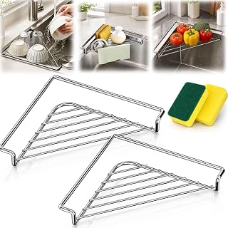 Stainless Steel Corner Sink Shelf, Triangular Dish Drying Rack (2PCS) | Fast Drainage Design | Space Saving Organizer | Sponge & Soap Holder | Rustproof Wire Rack | Fits Most Kitchen Sinks