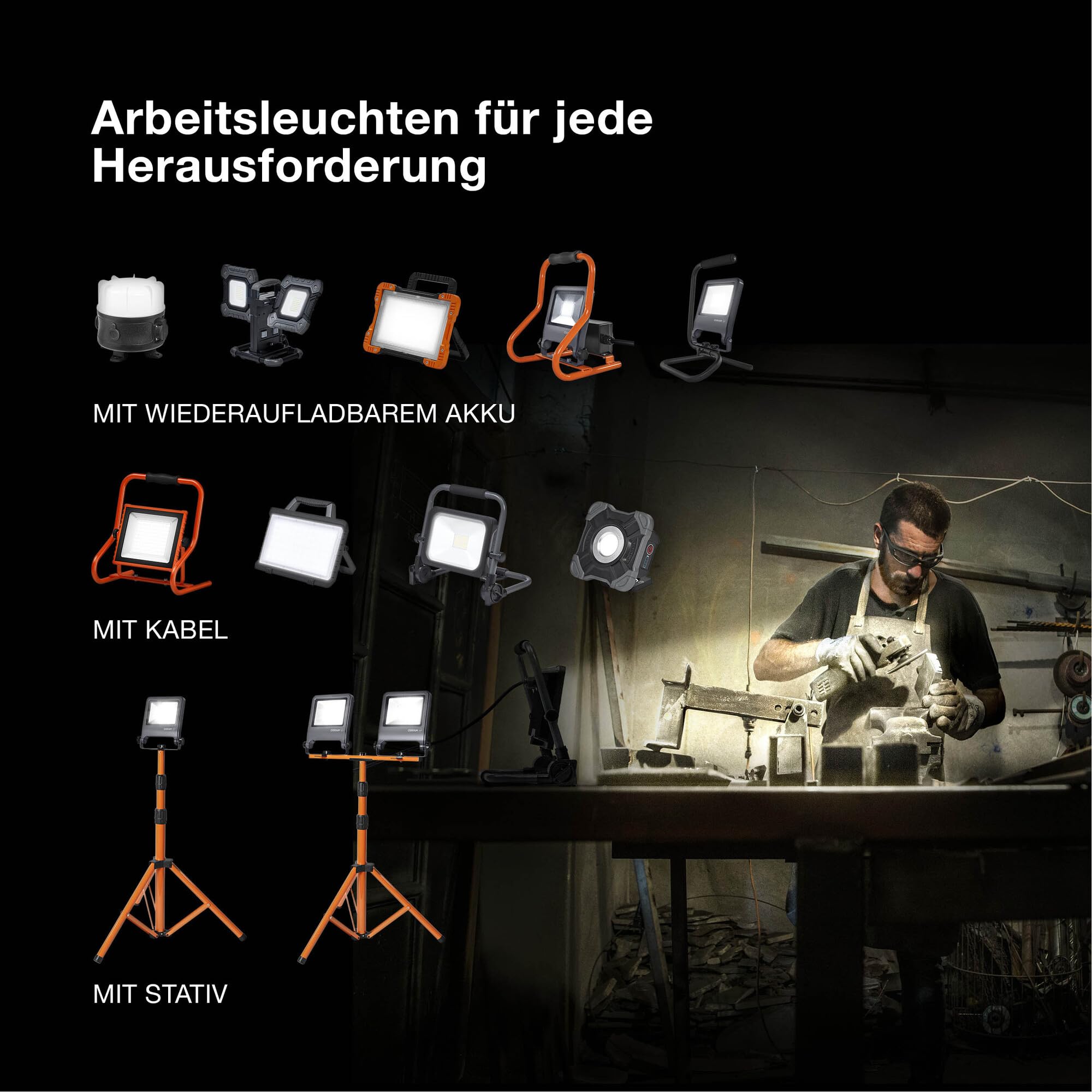 Osram LED Worklight Tripod Baustrahler mit Stativ, 2x50W, 9000lm, 4000K Kaltweiß, höhenverstellbar bis 1,8m, IP65
