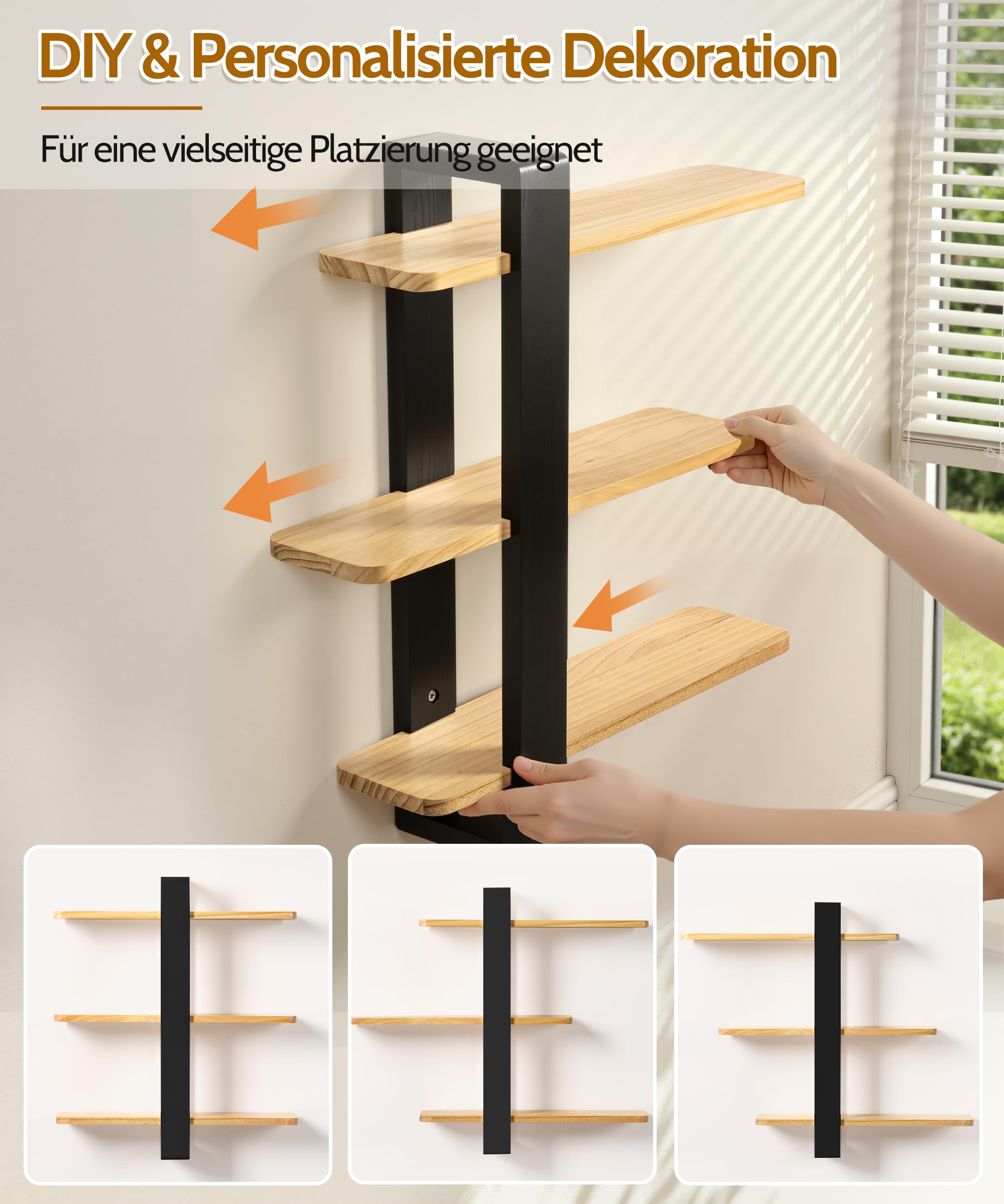 SUMGAR Wandregal Holz, dekoratives Hängeregal mit 3 Ablagen, 50 x 58 cm | Aus massivem Kiefernholz mit drei abnehmbaren Böden; zur Wandmontage für Bücher und Deko in Wohn- und Schlafzimmer.