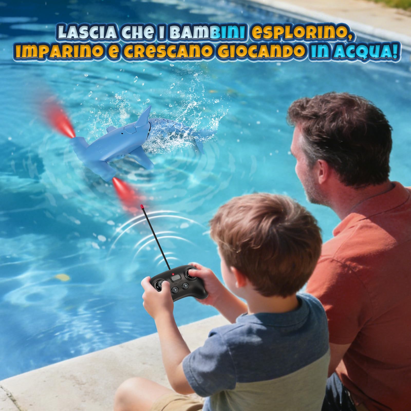 Squalo Telecomandato con Funzione di Immersione, 2.4GHz RC Squalo con Luci LED, Giocattolo Squalo Subacqueo per Piscina e Vasca da Bagno, Regalo per Bambini 6+ Anni Ragazzo Ragazza (Blu)