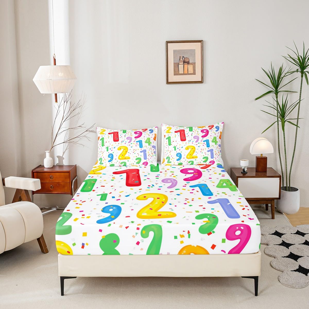 Mathematics Bed Sheets Math Number Fitted Sheet for Children Cartoon Digital Numbers Sheets,Geometric Education Learning Bedding Set for Kids Boys Teen Girls Dorm Room Decor,Queen