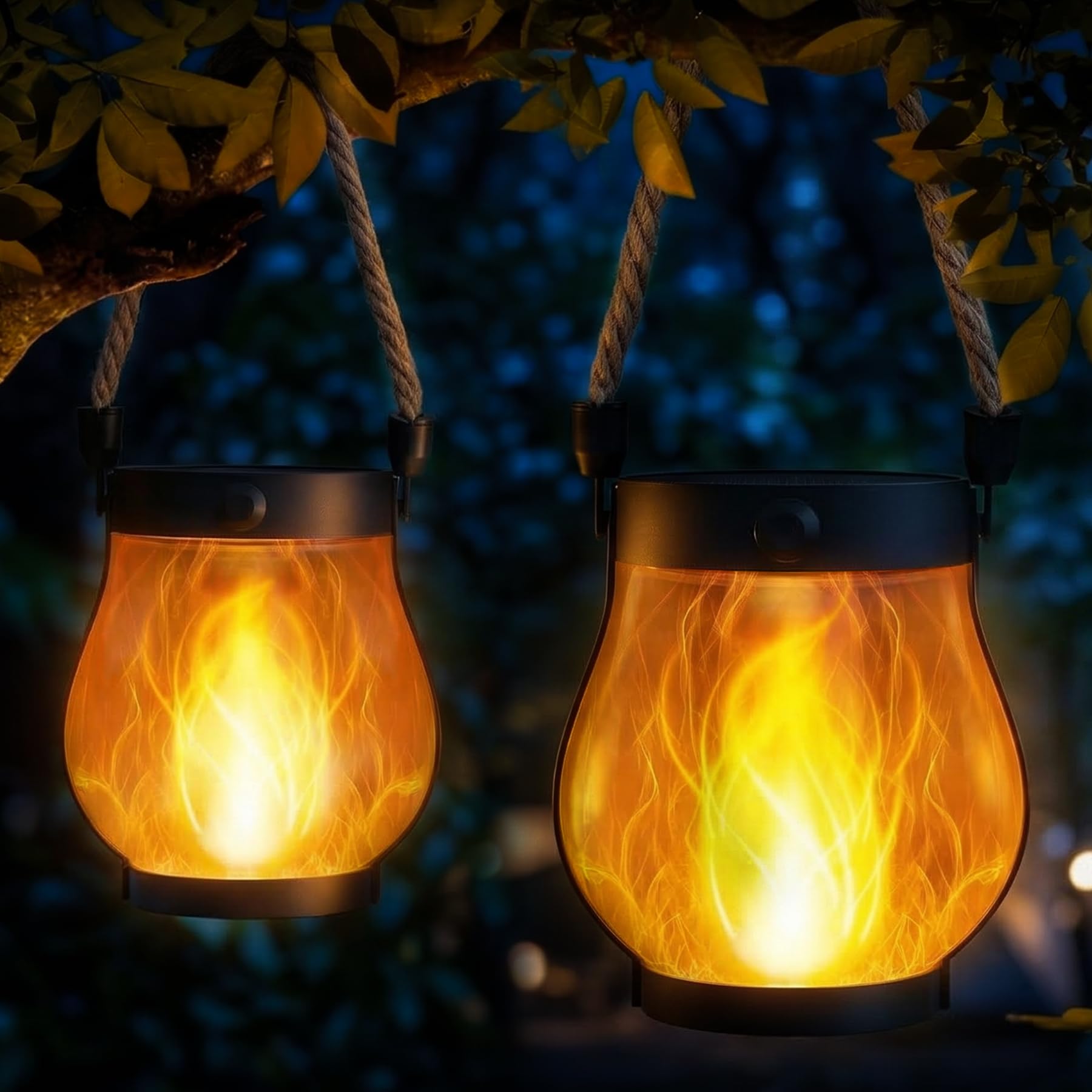 SLWOO Solarlampen für Außen Hängend, 2 Stück Solar Laternen für Draußen mit Realistische Flammeneffekte, IP65 Wasserdicht Solarleuchten Gartendeko mit Hanfseil für Außen Hof Balkon Terrasse Halloween