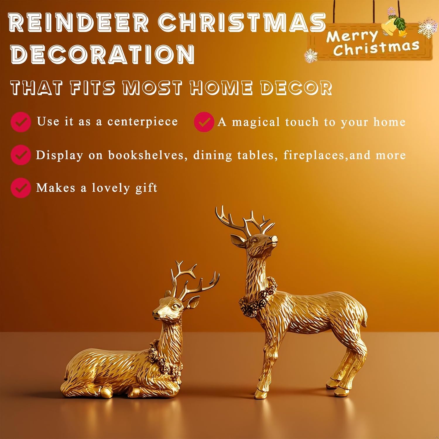 Reindeer Christmas Decoration, 2PCS Deer Christmas Decor, Reindeer Figurines for Christmas Decor, Small Decorative Deer Figurines for Indoor Christmas Table Mantle Decorations (Pine Cone Golden)