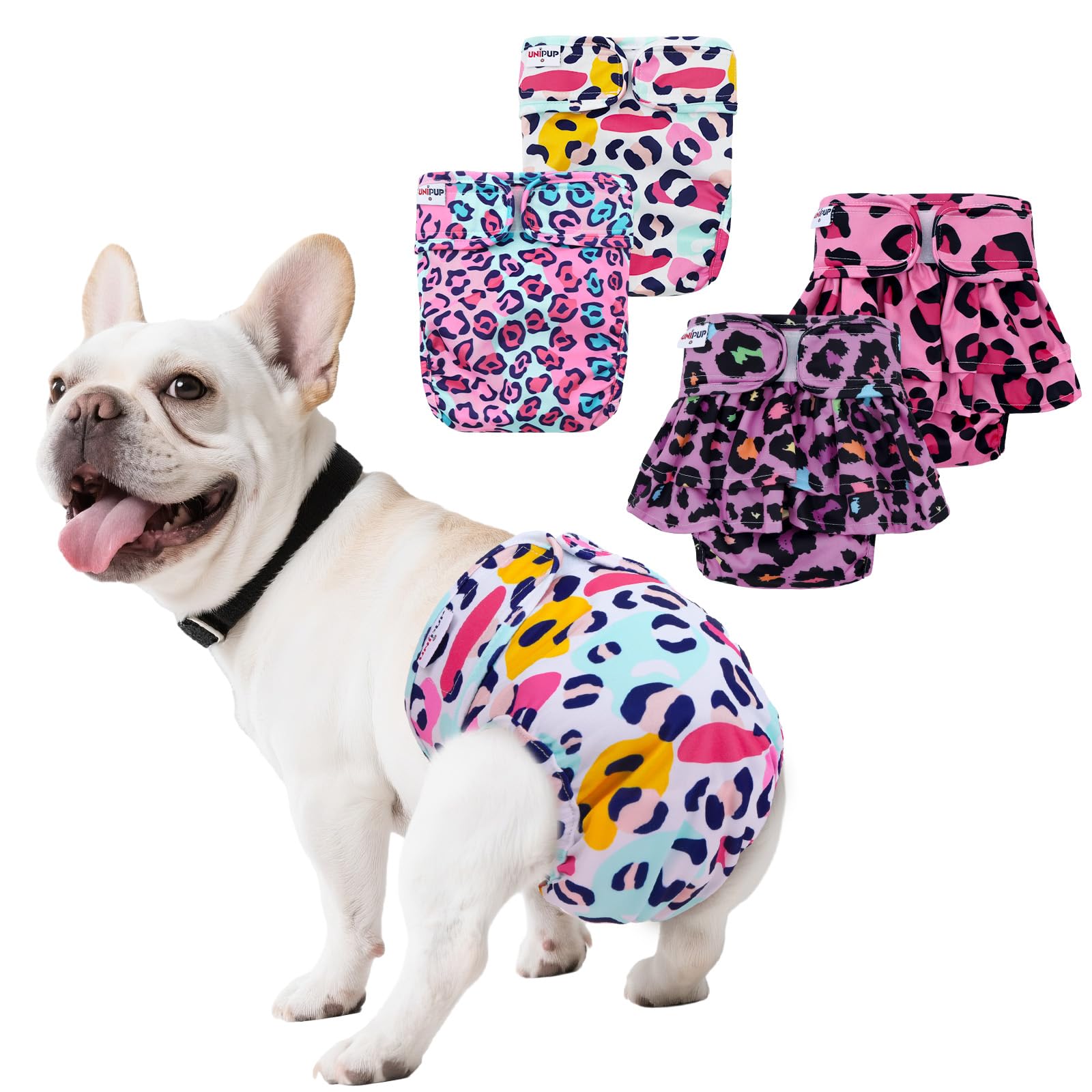 UNIPUP Female Dog Diapers Reusable No Tail Hole Period Panties Washable Diapers Female for Docked-Tail Frenchie French Bulldog Boston Terrier Without Tail (2 Pack Regular+2 Pack Skirts) U-WWDQB03M — image 1