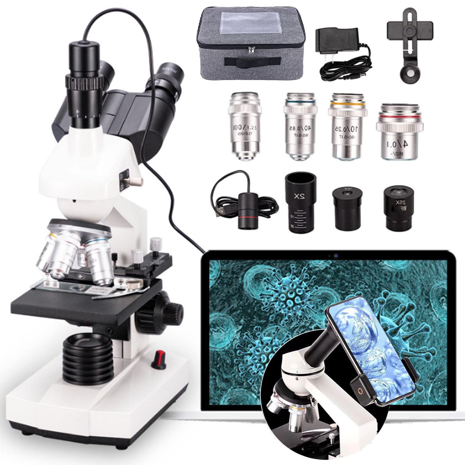 Microscopio Trinoculare 40x-5000x| Microscopio Trinoculare Composto da Laboratorio, Doppia Fase Meccanica+Focalizzazione Ultra Precisa+5 Milioni di Pixel E-Oculare,White