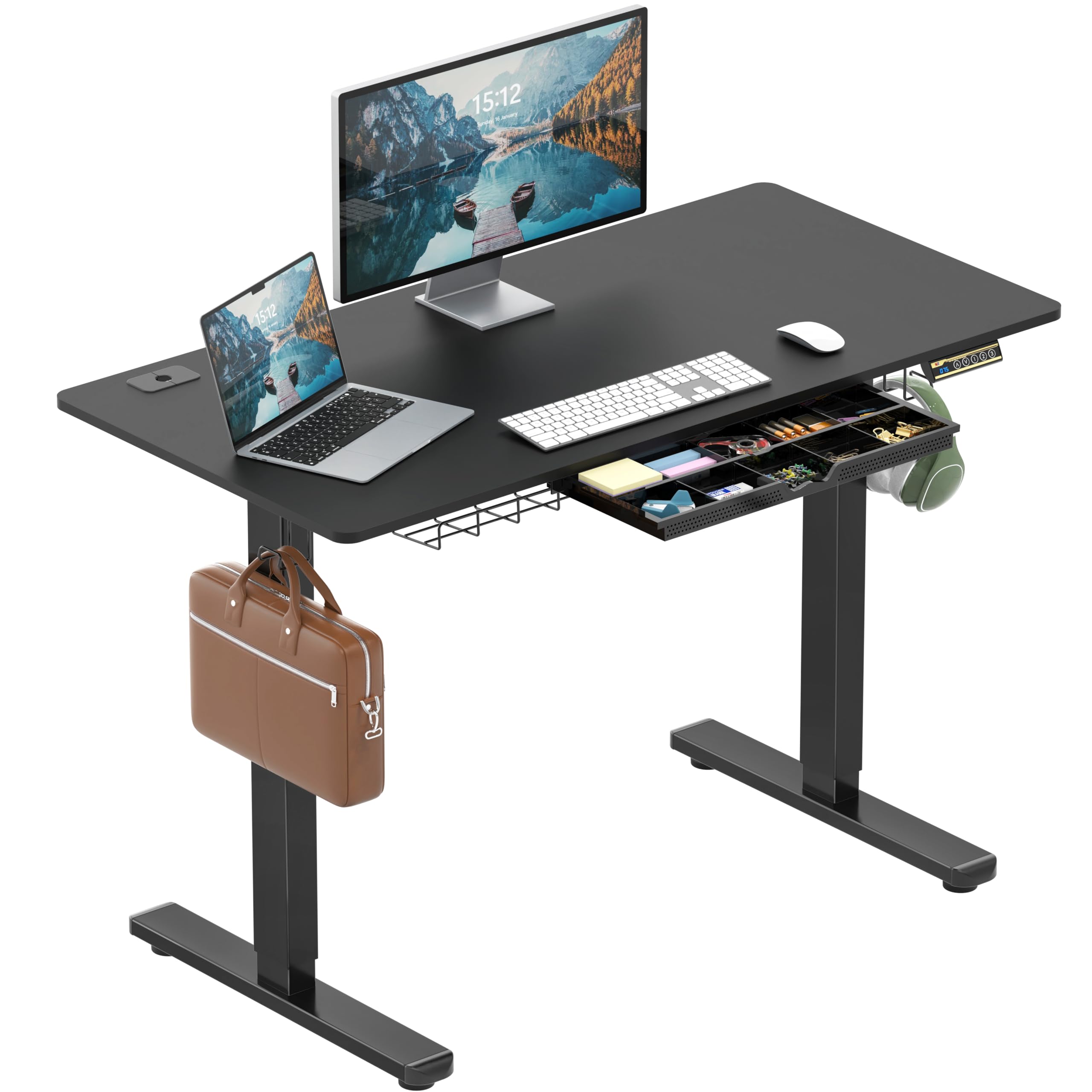 SHW 48-Inch Electric Height Adjustable Standing Desk with Drawer, Memory Preset and Cable Management Tray, Black Black 48-Inch