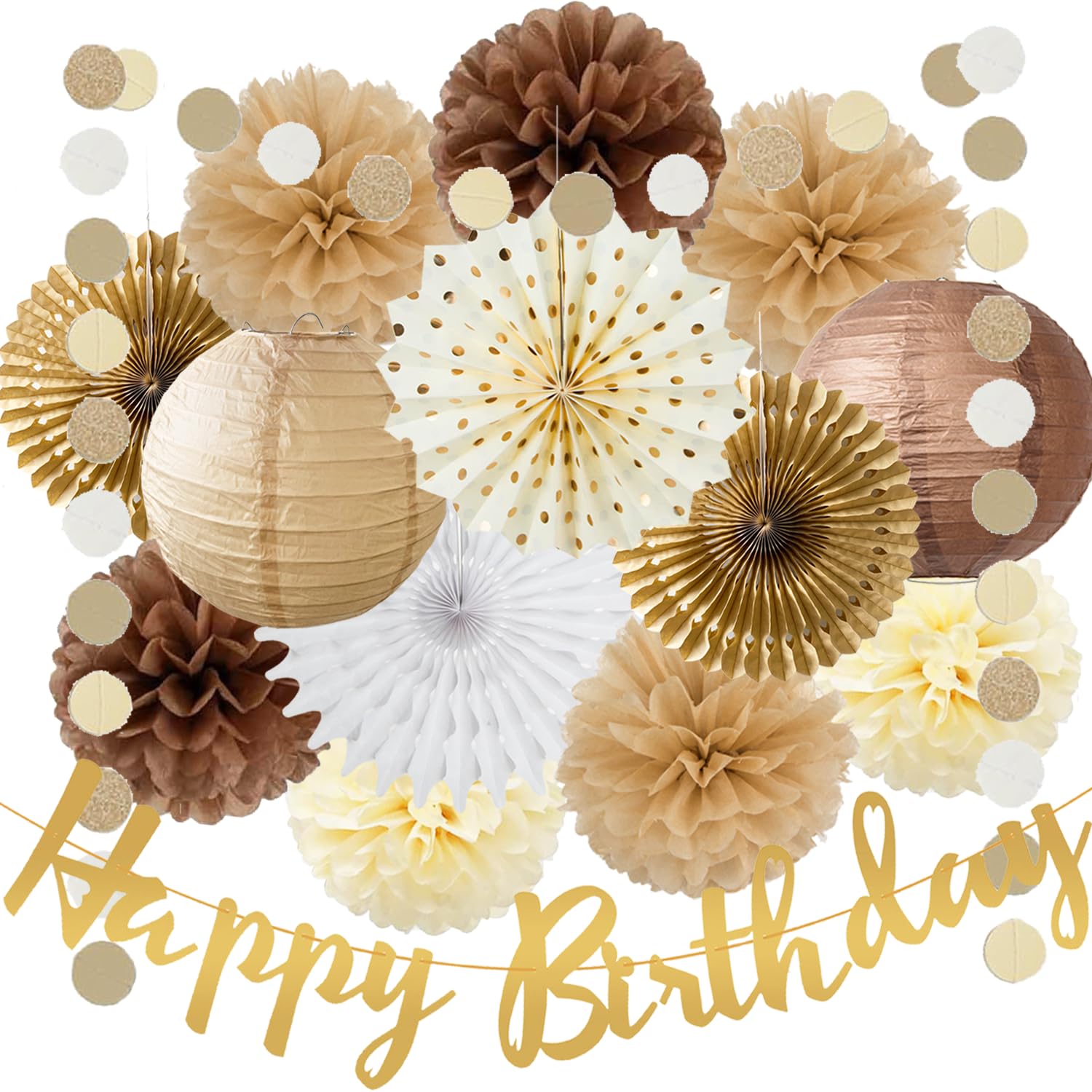 Brown Birthday Party Decorations White Brown Champagne Rustic Birthday Party Decoration Paper Pom Poms Flowers Hanging Paper Fans for Neutral Bear Baby Shower Boho Party Decoration
