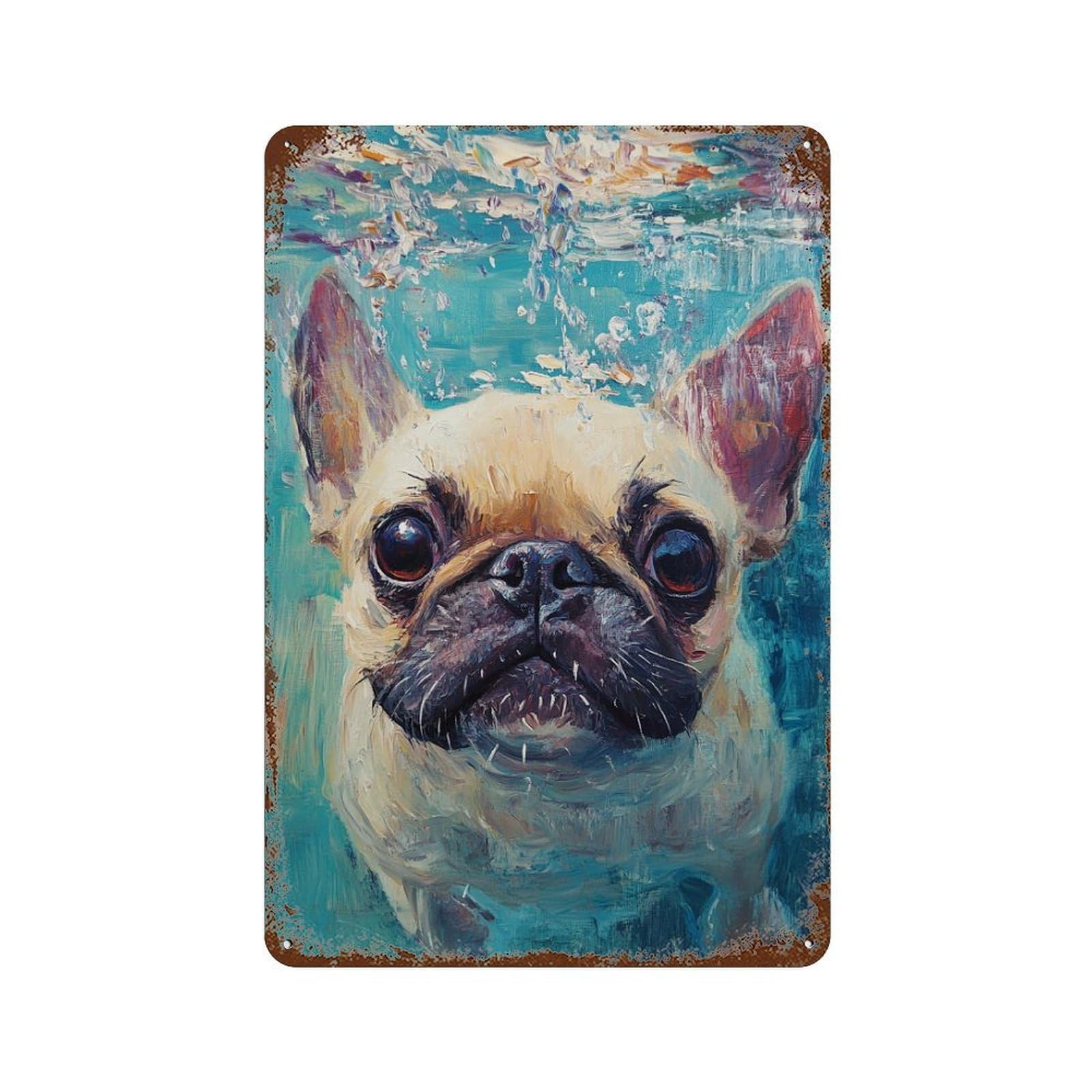 French Bulldog Swimming Painting 11.8"x7.9" Rusty Metal Tin Sign, Shabby Chic Decor for Bistro, Counter And Cafe Decor