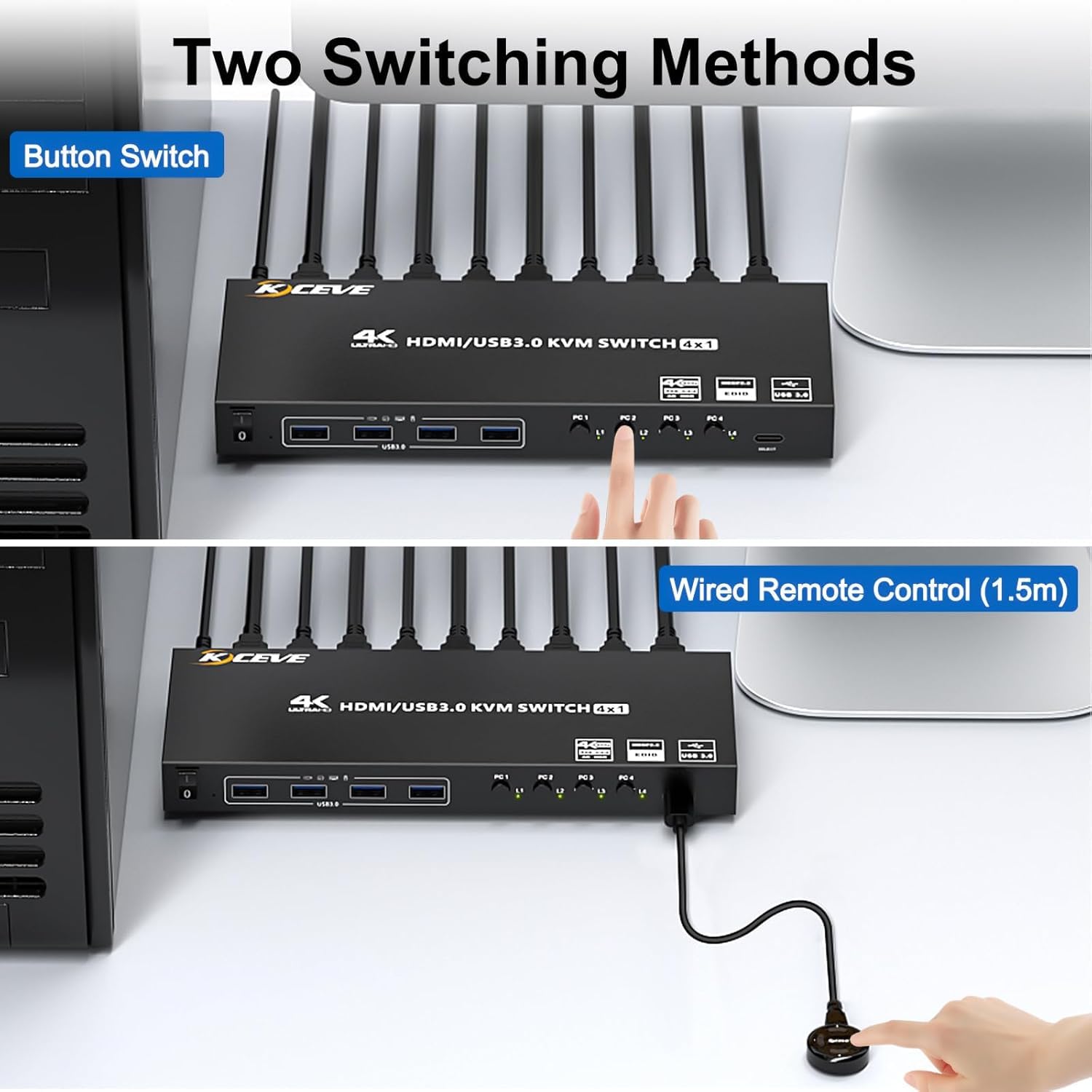 KVM Switch 4 PC 1 Monitor HDMI Simulazione EDID, 4K@60Hz, USB 3.0 KVM Switch HDMI 4 porte per 4 PC condividere 1 monitor e 4 dispositivi USB 3.0, con telecomando cablato, 5 cavi e alimentatore