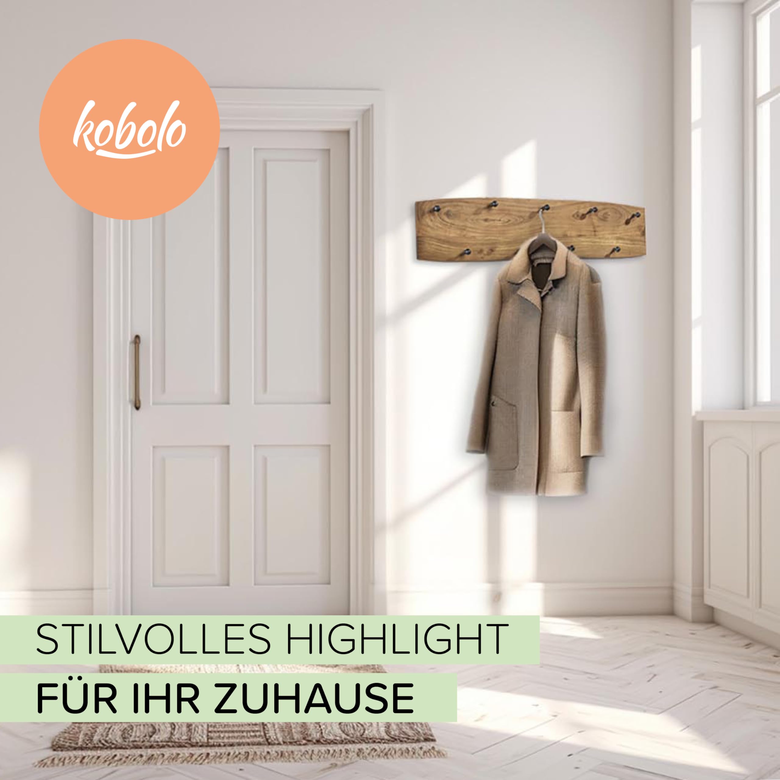 Kobolo Garderobe Wandgarderobe aus Akazienholz mit 4 Haken
