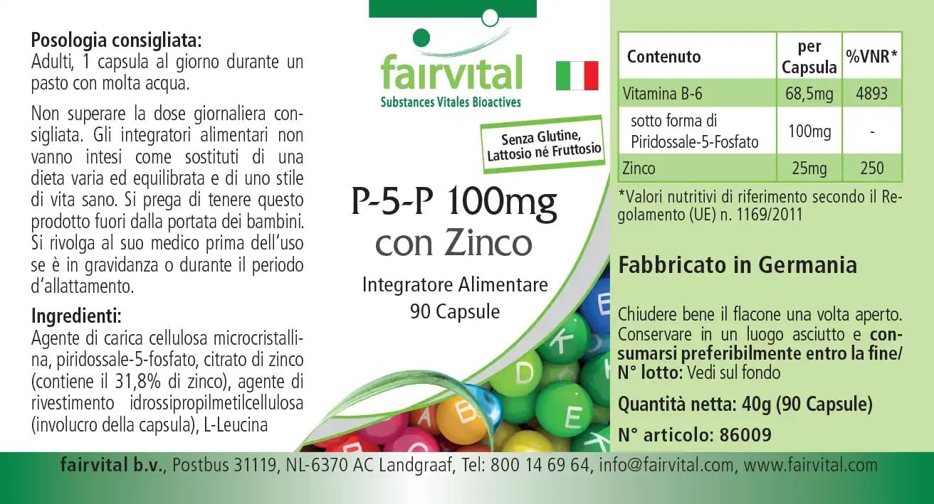 fairvital Pyridoxal-5-phosphate 100mg, 270 gélules (90x3), vitamine B6 active P-5-P avec du zinc, HAUTEMENT DOSÉE & VÉGÉTALIENNE