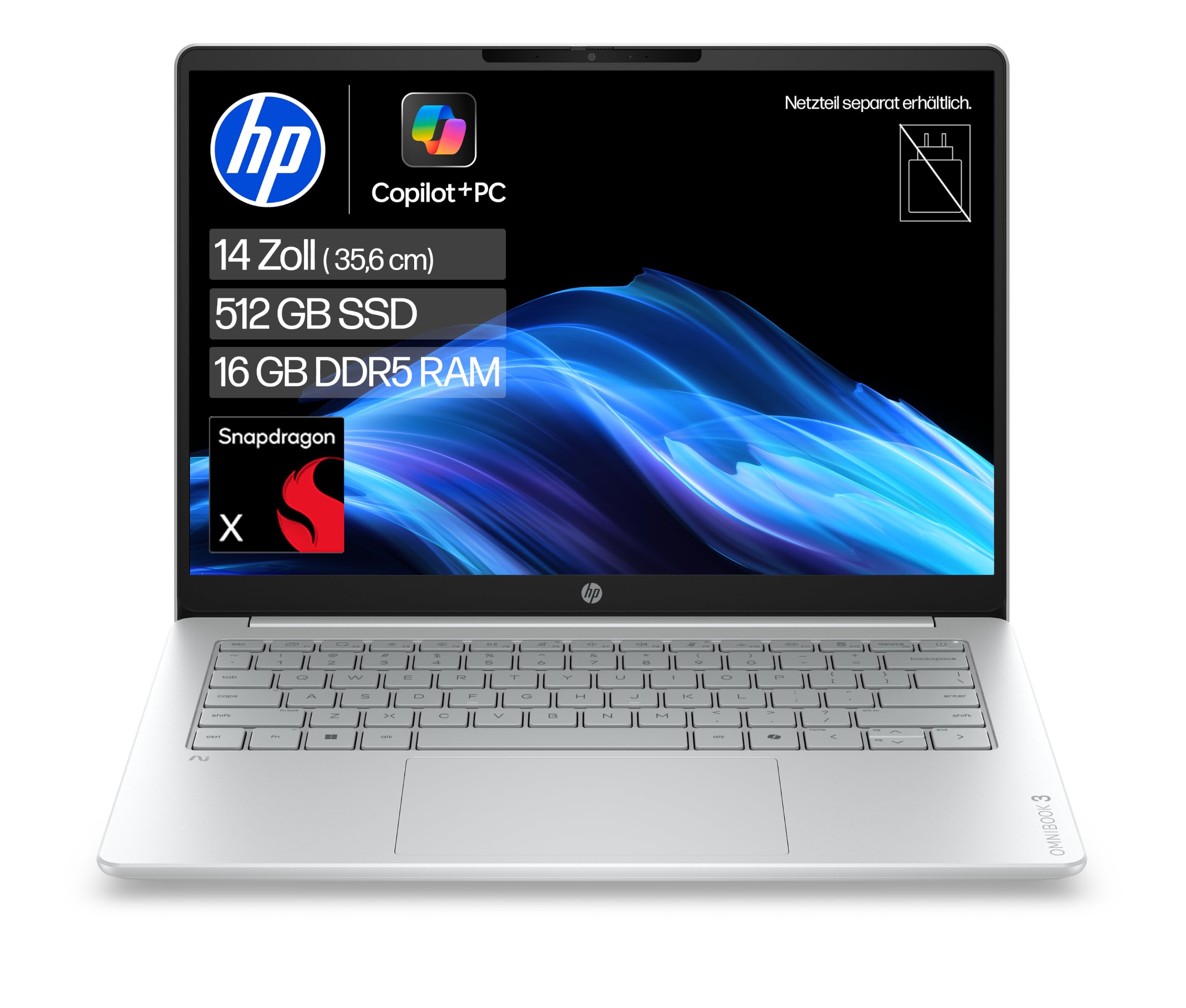 HP OmniBook 3 Laptop, 14" WUXGA, Snapdragon X, 16GB RAM, 512GB SSD | Leistungsstarkes KI-Notebook mit Copilot+ und extra langer Akkulaufzeit - kein Ladegerät enthalten, QWERTZ, Silber