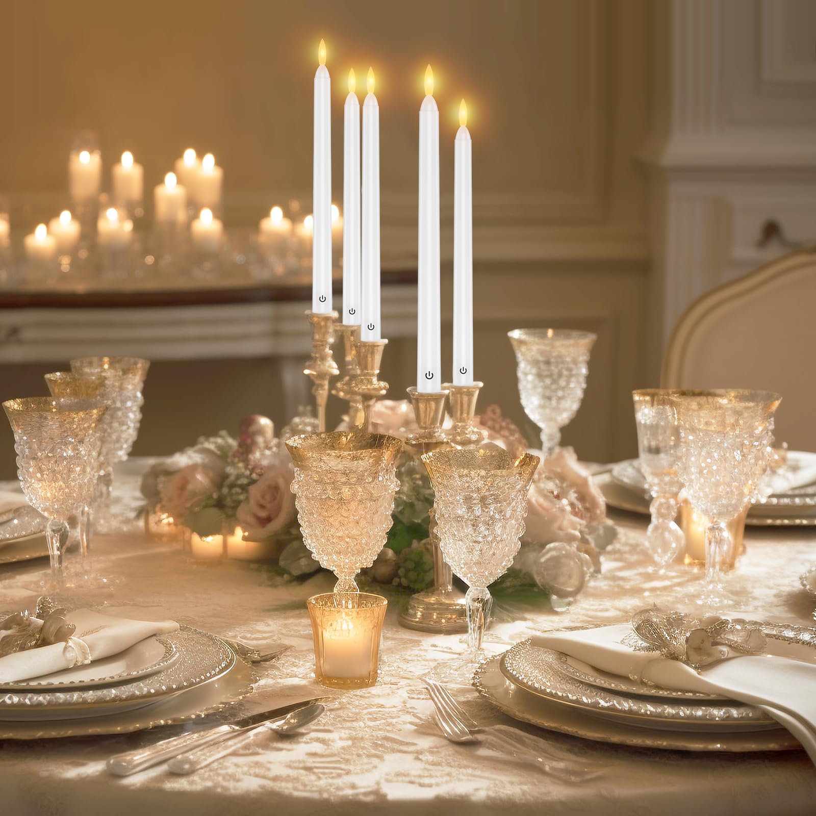 EXTSUD Lot de 6 Bougies Longues LED Vacillantes Sans Flamme avec 2 Télécommandes, Bougies de Fenêtre LED Rechargeable 26,5 CM Blanc, Décoration pour Noël Mariage Fêtes Banquets