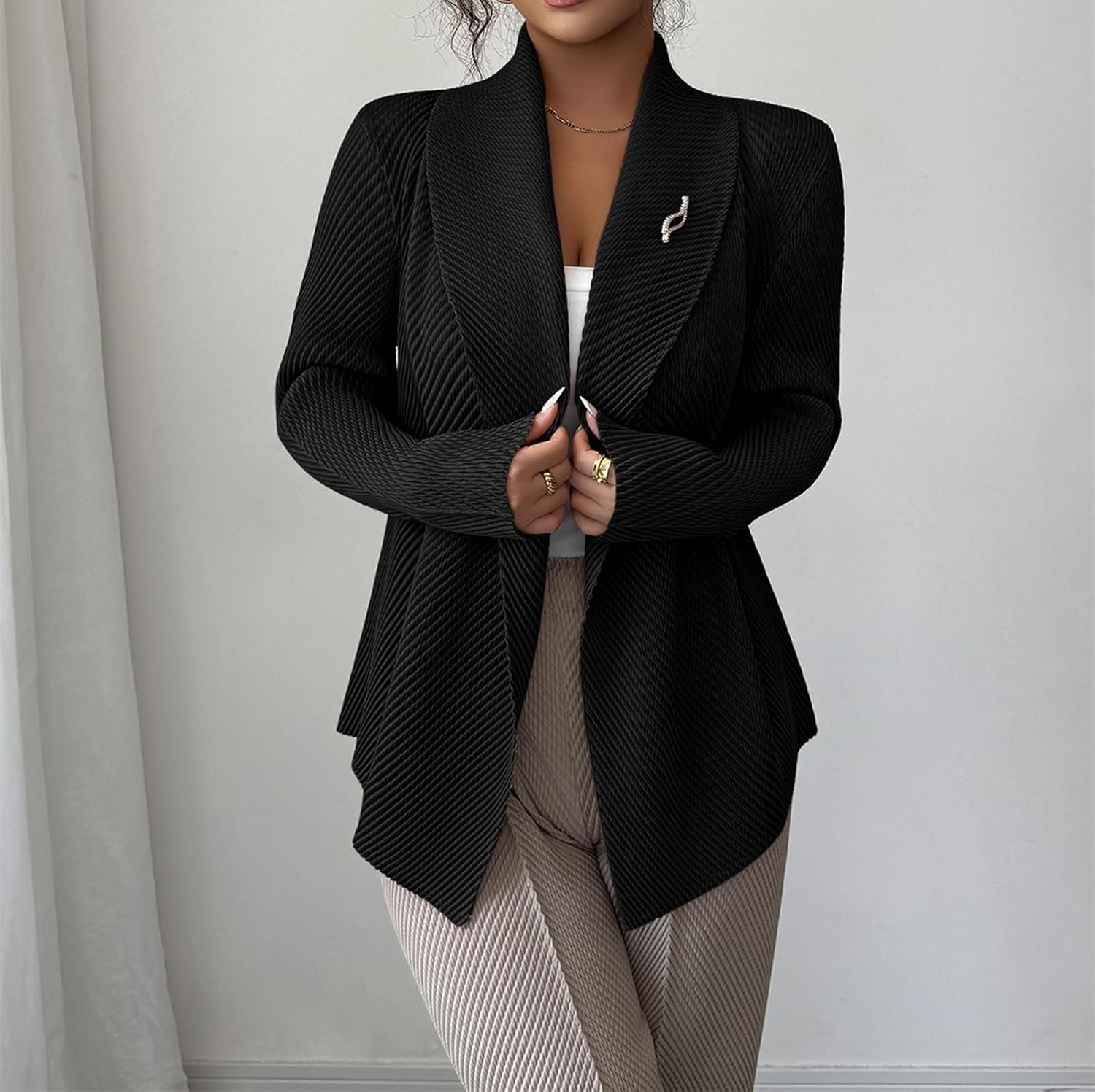 Womens Loose Fall Outwear Ribbed Blazer Jacket Blazers Notched Lapel Jacket - Image 3