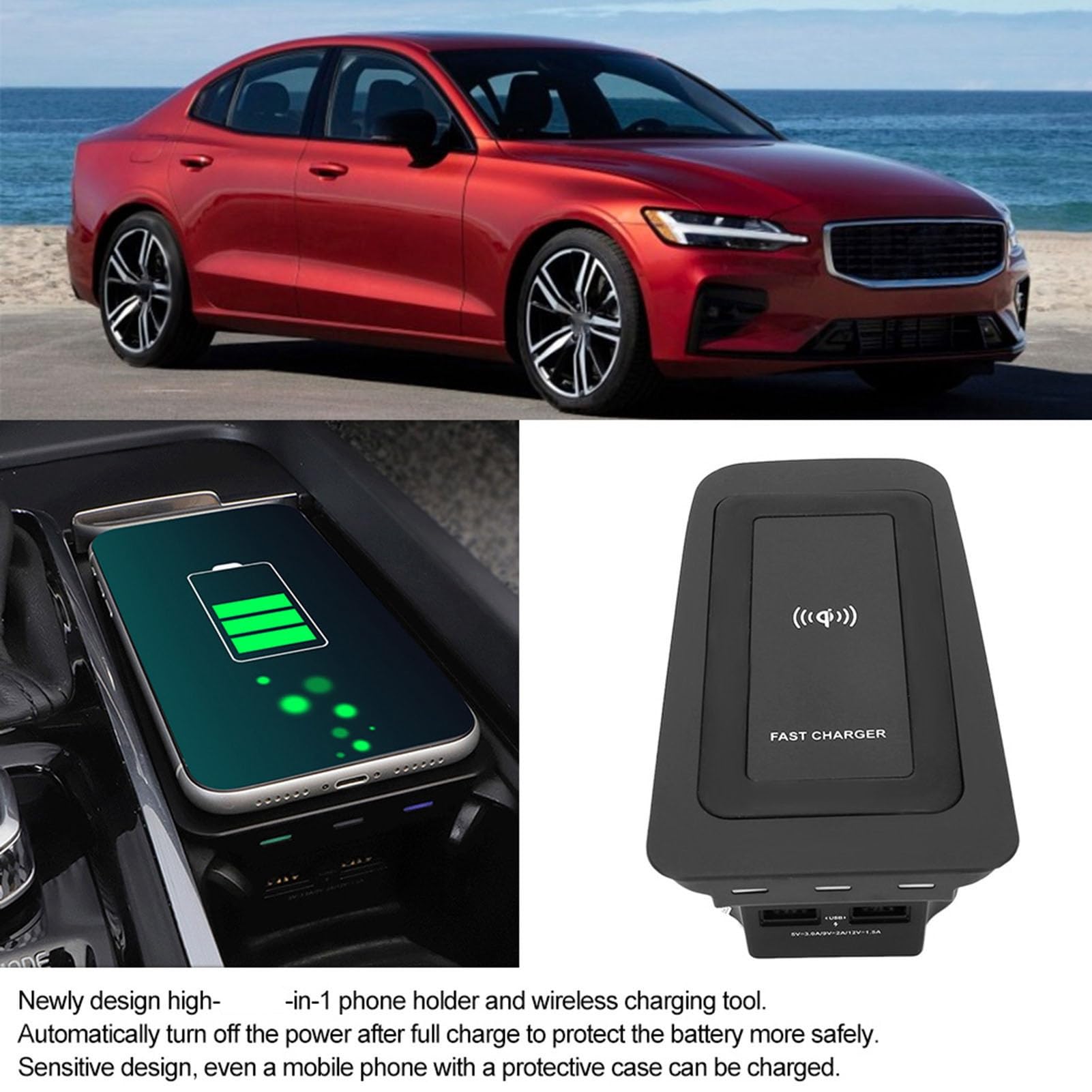 Caricabatterie wireless rapido Kuuleyn, piastra di ricarica per caricabatterie wireless da 15 W per S60/V60/XC60/S90/V90/XC90