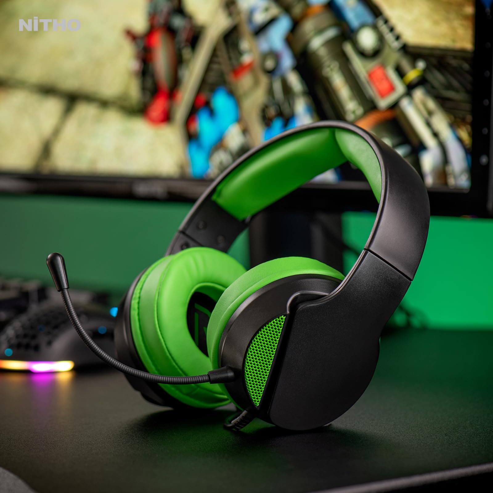 NITHO Janus Casque Gaming Filaire Over-Ear – Haut-Parleurs 40 mm, Microphone Flexible, Son Stéréo – Jack 3.5 mm – PC/PS4/PS5/Xbox One/Series X|S/Mobile/Tablette – Vert