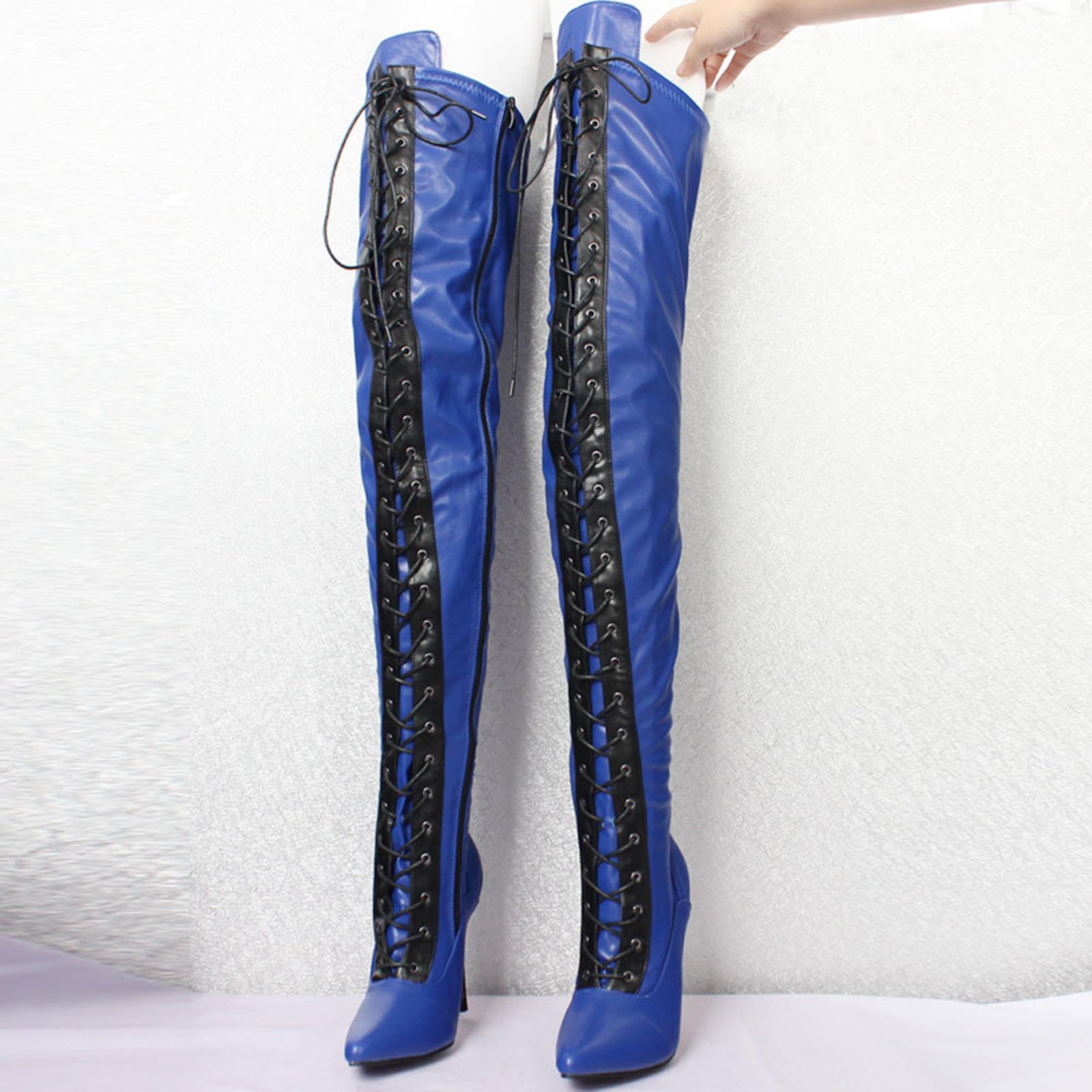 Kozaki za kolano 12 cm, buty do tańca, szpiczaste, sznurowane, Siletto,Blue-44