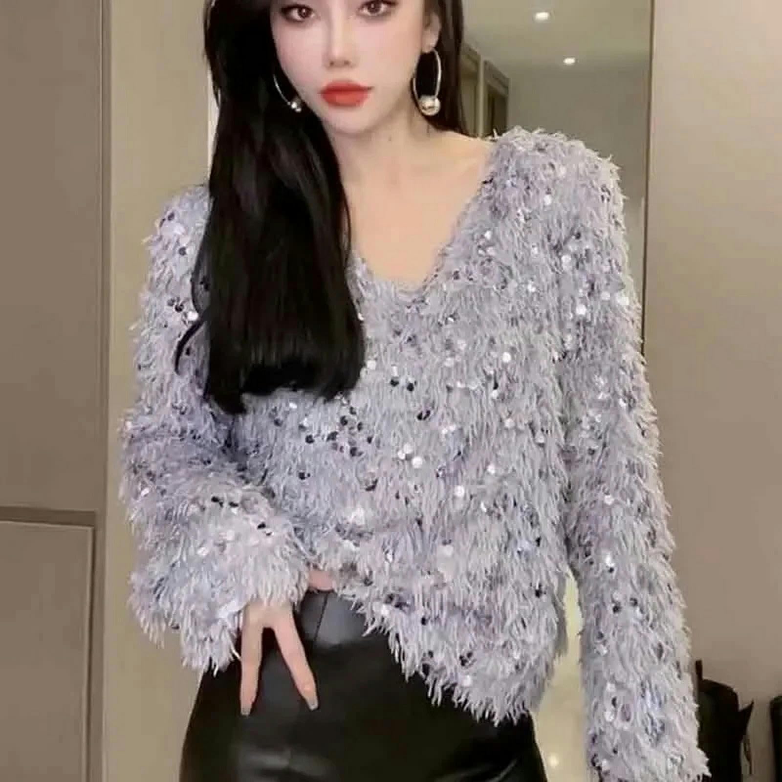 Sweter dla kobiet frędzel cekinowy sweter damski dekolt w serek z długim rękawem dzianinowe swetry eleganckie eleganckie luźne streetwear jesień
