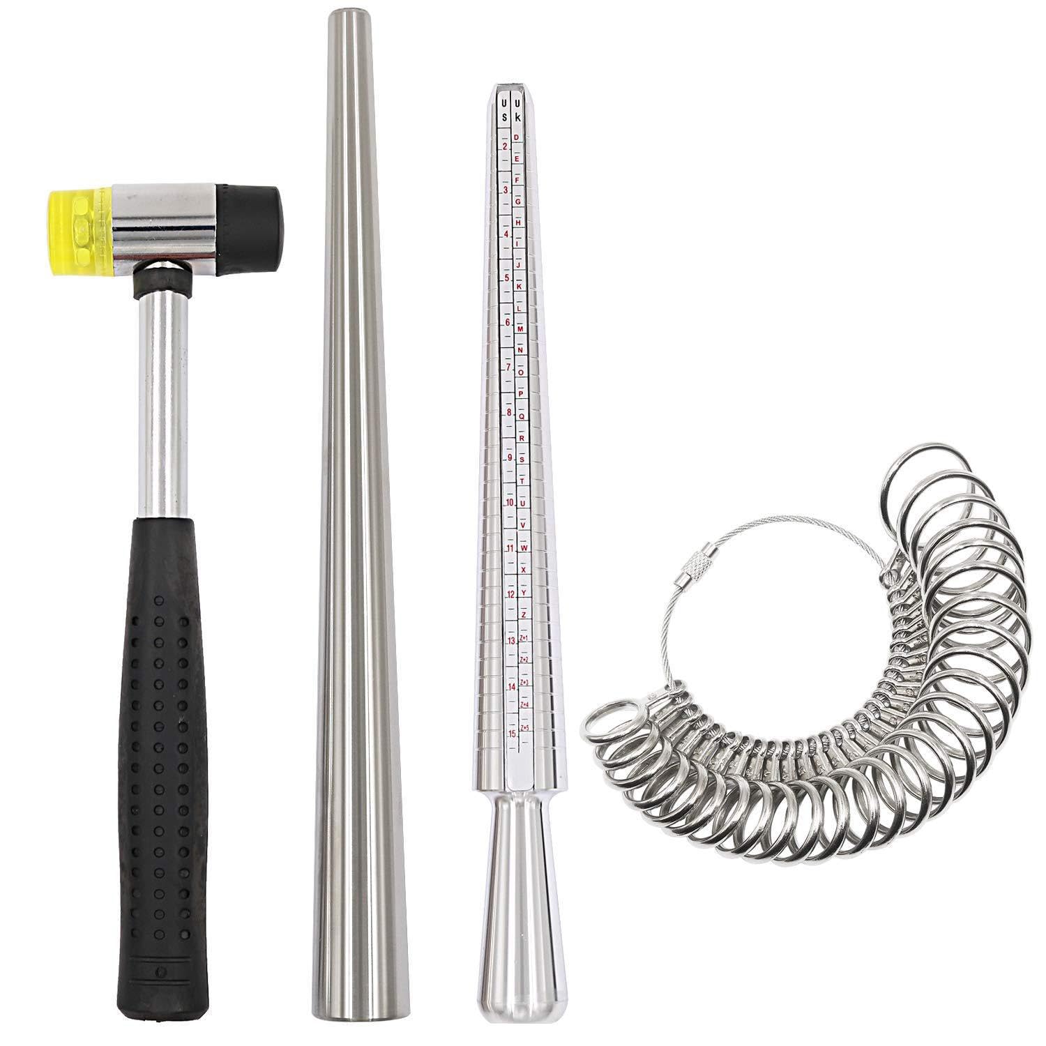 ROYALTEK Ring Sizer Mandrel Measuring Tool Steel Ring Sizing Gauge Sizers Set Rubber Jeweler's Mallet Hammer Metal Finger Size Stick Wire Wrap Rings Tools Jewelry Making Kit