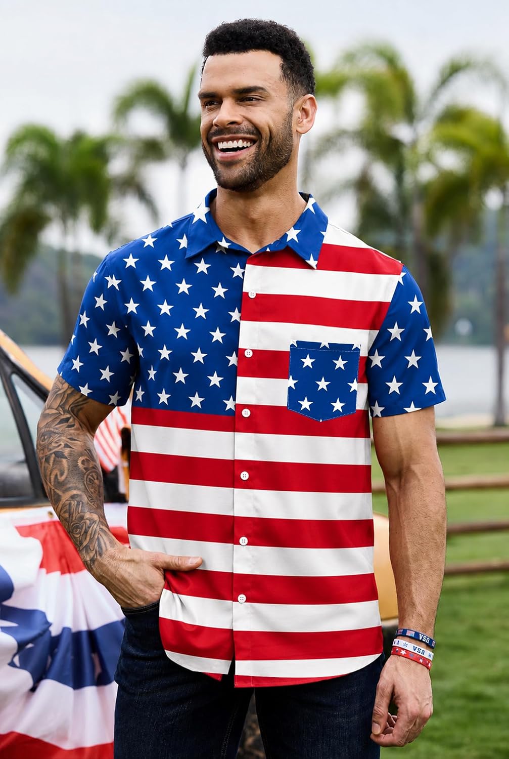 Arvilhill Men American Flag Button Shirt 4th of July Short Sleeve Shirts (S-3XL)