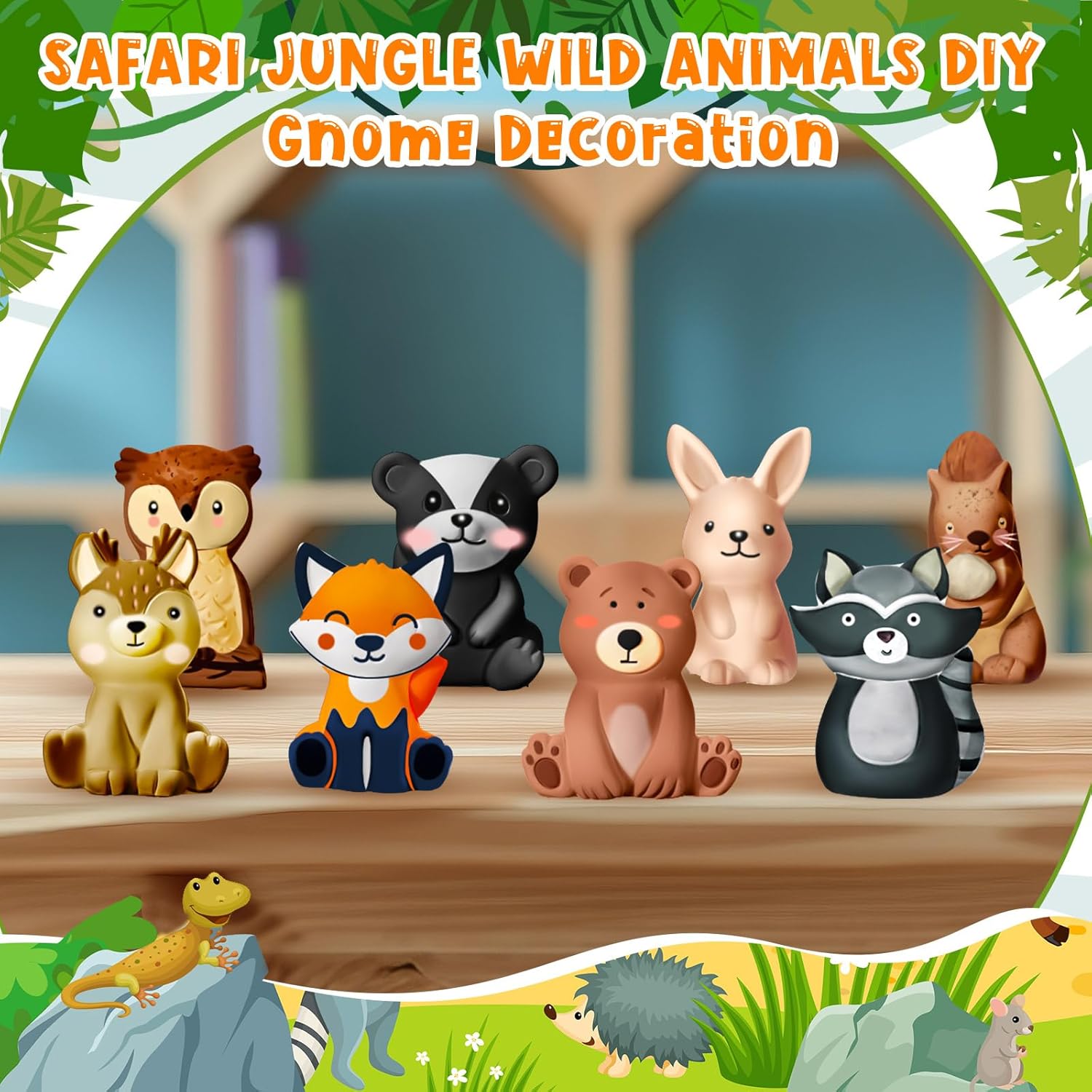 Reallnaive 8 Pack Woodland Animal Ceramics to Paint Ready to Your Own Gnome Statues 3.94" Jungle Theme Paintable Figurines DIY Unpainted Safari Animal Plaster Crafts Kit with Brush Palette Paint