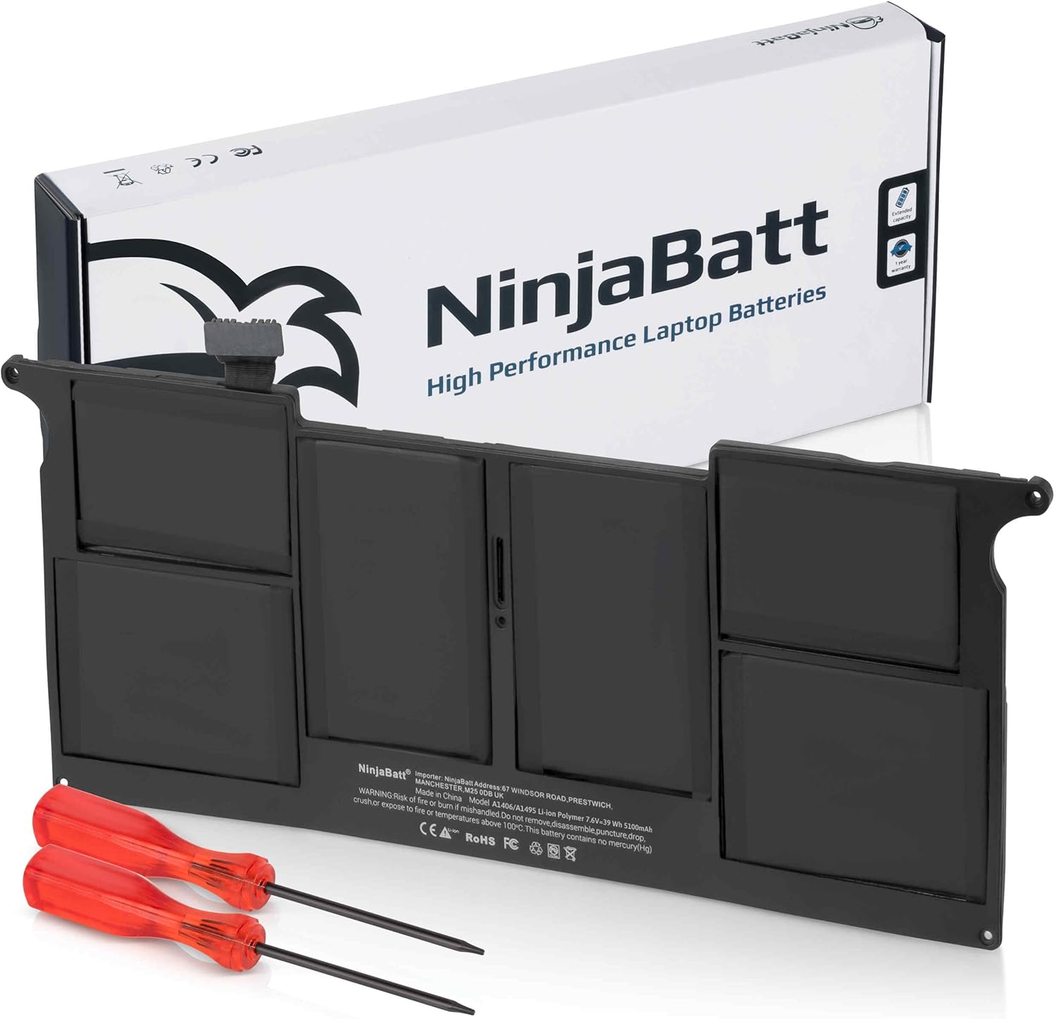 NinjaBatt Battery A1465 A1370 for Apple MacBook Air 11" [Mid 2011 2012 2013 Early 2014 2015 2016 2017 Years] A1495 A1406 - High Performance [5100mAh/39Wh/7.6V]