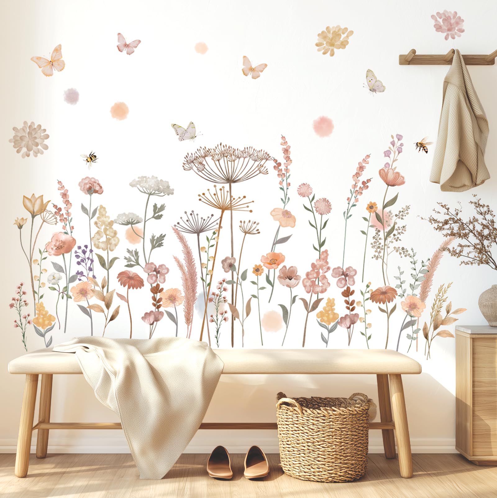 DECOWALL SG2-2421 Wandtattoos mit Boho-Blumen in Aquarell Wildblumen Blumen Gras Schlafzimmer Wohndekor Kunst bunt rosa Pflanzen entfernbar Abziehen und ankleben Kinderzimmer Heim DIY Blätter Garten