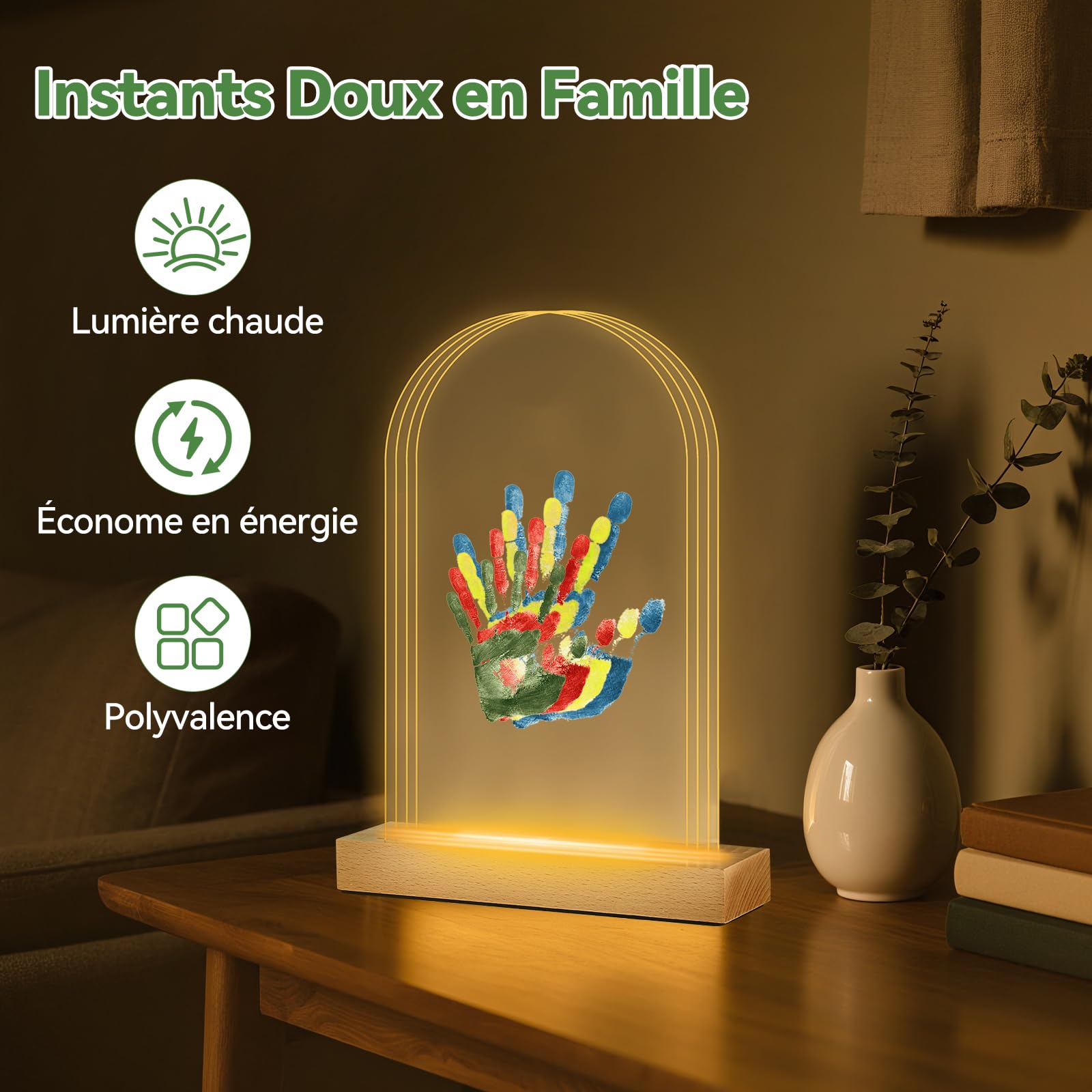 Nabance Empreinte Main Famille pour 4, Base en bois avec LED lumière, Empreinte Main Pied Bebe Idéal Cadre Empreintes Famille Cadeau Fete des Meres Cadeau Jeunes Parents Naissance Fille Garcon