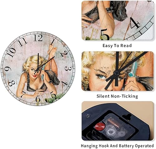 Miniatura 8 de Pin Up - Reloj de pared para niñas, de 10 pulgadas, funciona con pilas, estilo retro, vintage, sexy, con números arábigos, reloj de pared de madera,