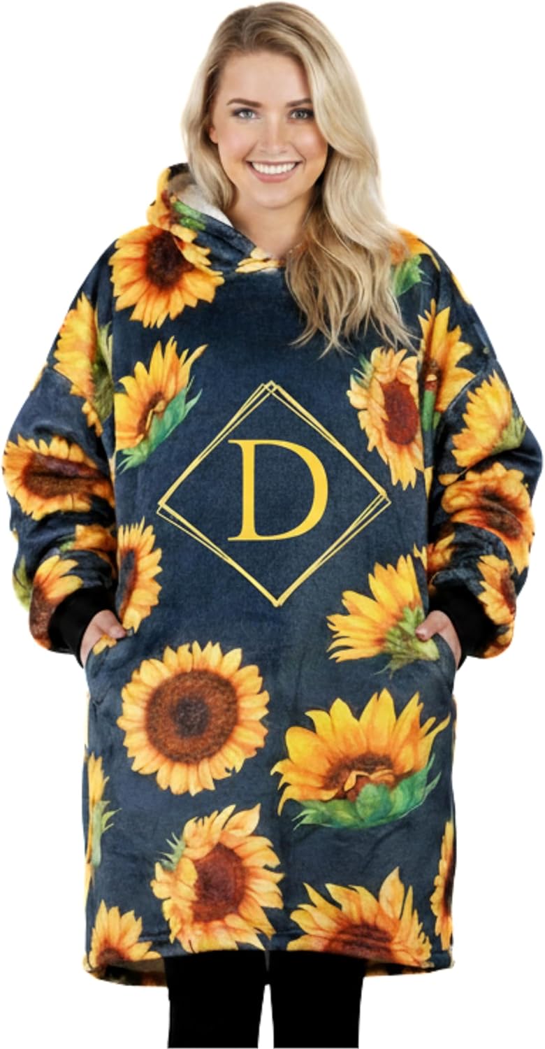Sunflower Gifts with Initial for Lovers & Women, Wearable Flannel Sunflower Blanket Hoodie
