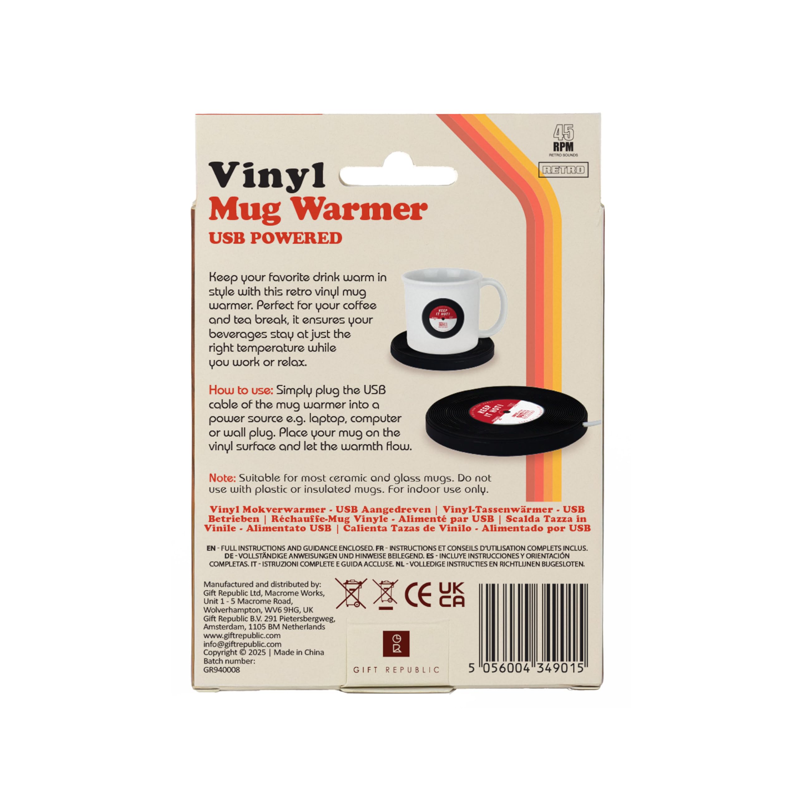 Gift Republic Chauffe-Tasse USB – Design rétro en Vinyle – Garde Le café et Le thé au Chaud à Votre Bureau – Chauffe-Boisson Chaude alimenté par USB – Cadeau Amusant pour Les Amateurs de Musique et
