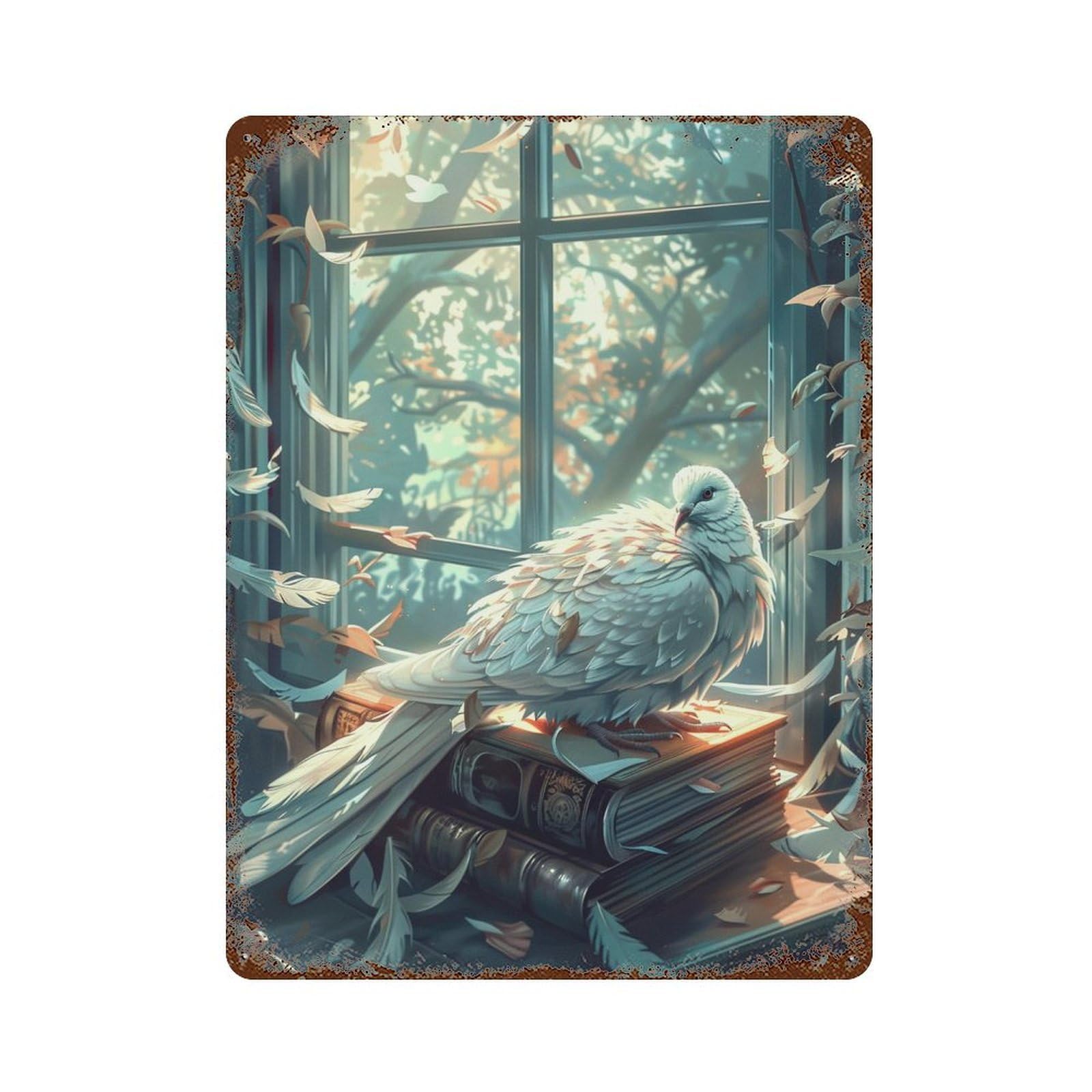 Rust Effect Whispering Feathers A Magical Reading Nook Rusty Metal Tin Sign 15.7"x11.8", Old School Wall Decor for Garage, Bar And Workshop Decor
