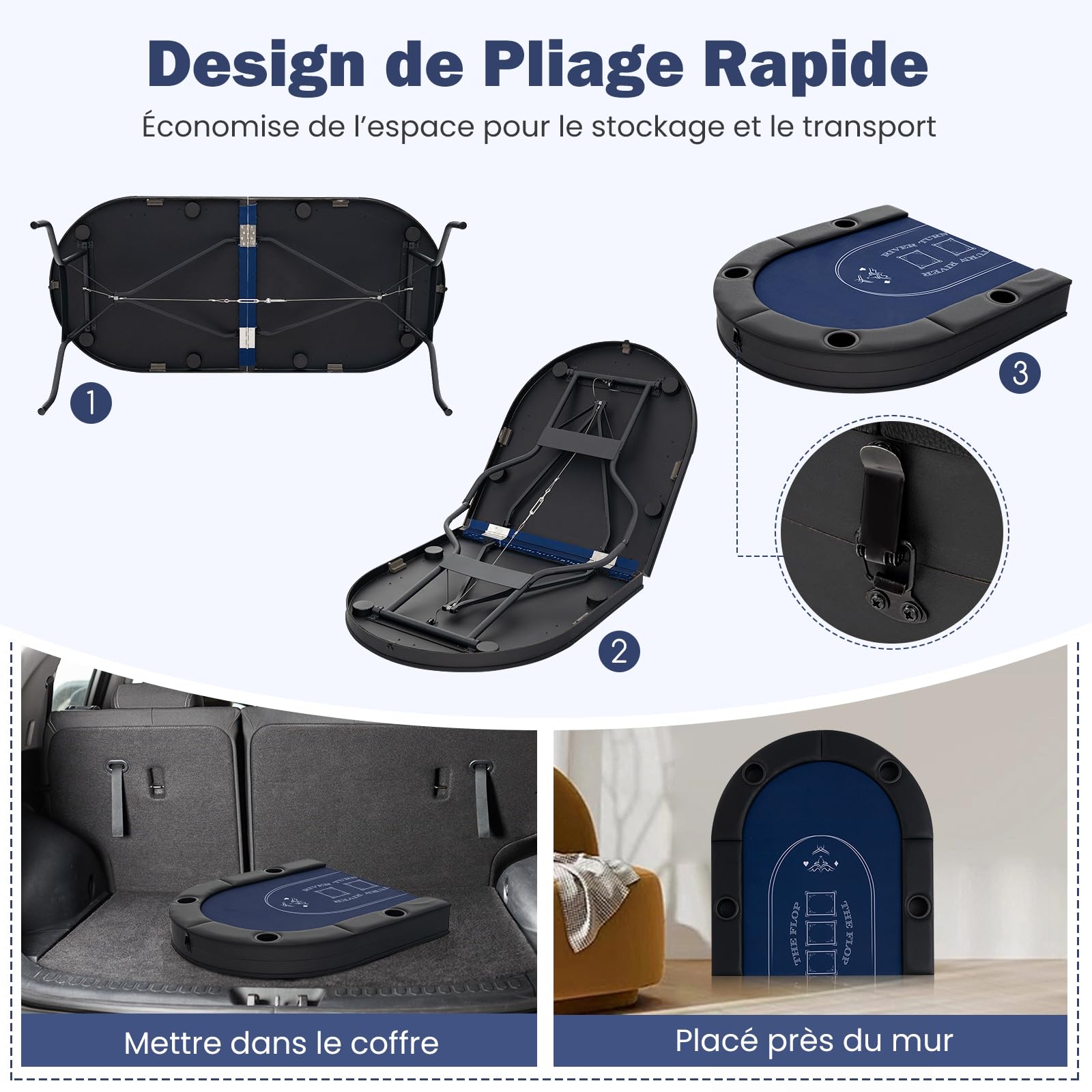 GOPLUS Table de Poker Pliable 8 Joueurs, Table de Jeu de Société 182 cm, 8 Porte-gobelets en Métal, Rampes Rembourrées, Table de Blackjack Texas Hold'em, pour Soirée en Famille (Bleu)