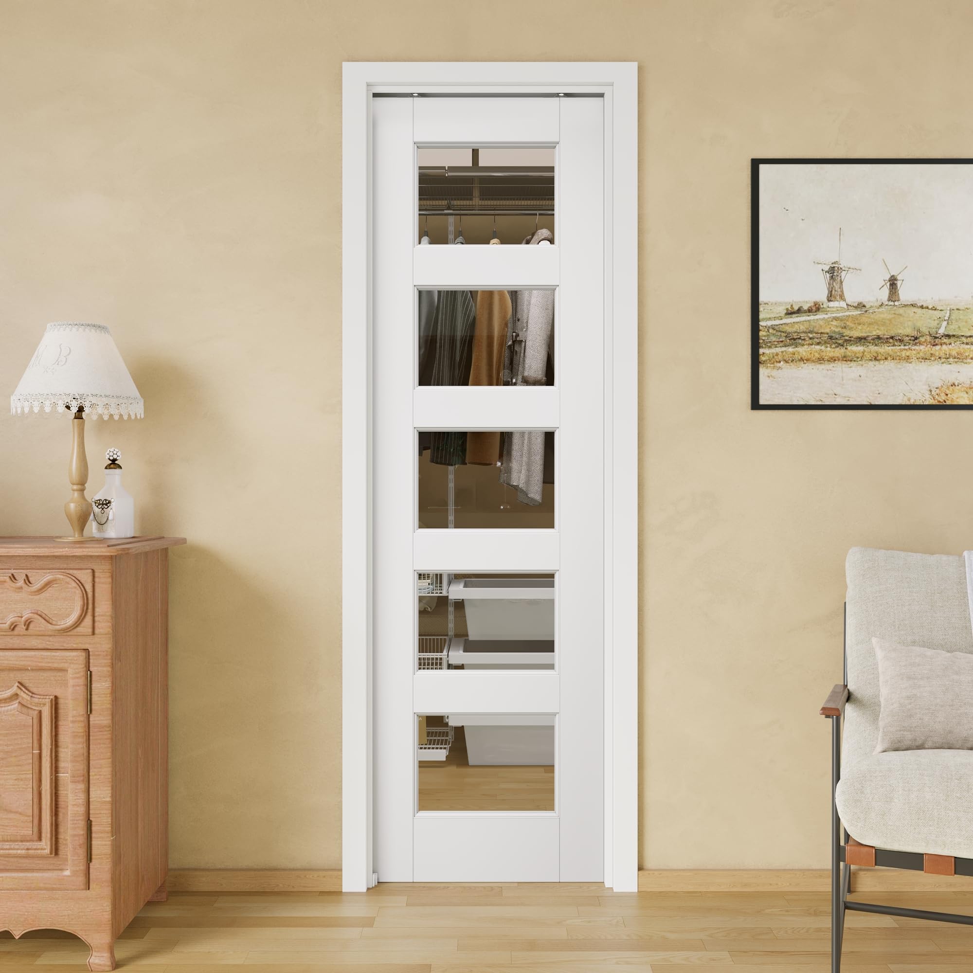 28x80 Sliding Pocket Door,5-Lite Clear Glass Doors,Pantry Door,Room Doors