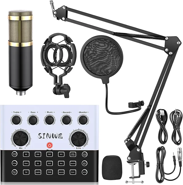 F993 All-in-One Podcast Equipment Bundle，BM-800 Recording Studio Package with Voice Changer, Live Sound Card - Audio Interface for Vlog/Live Streaming/Singing/YouTube/Gaming(White)