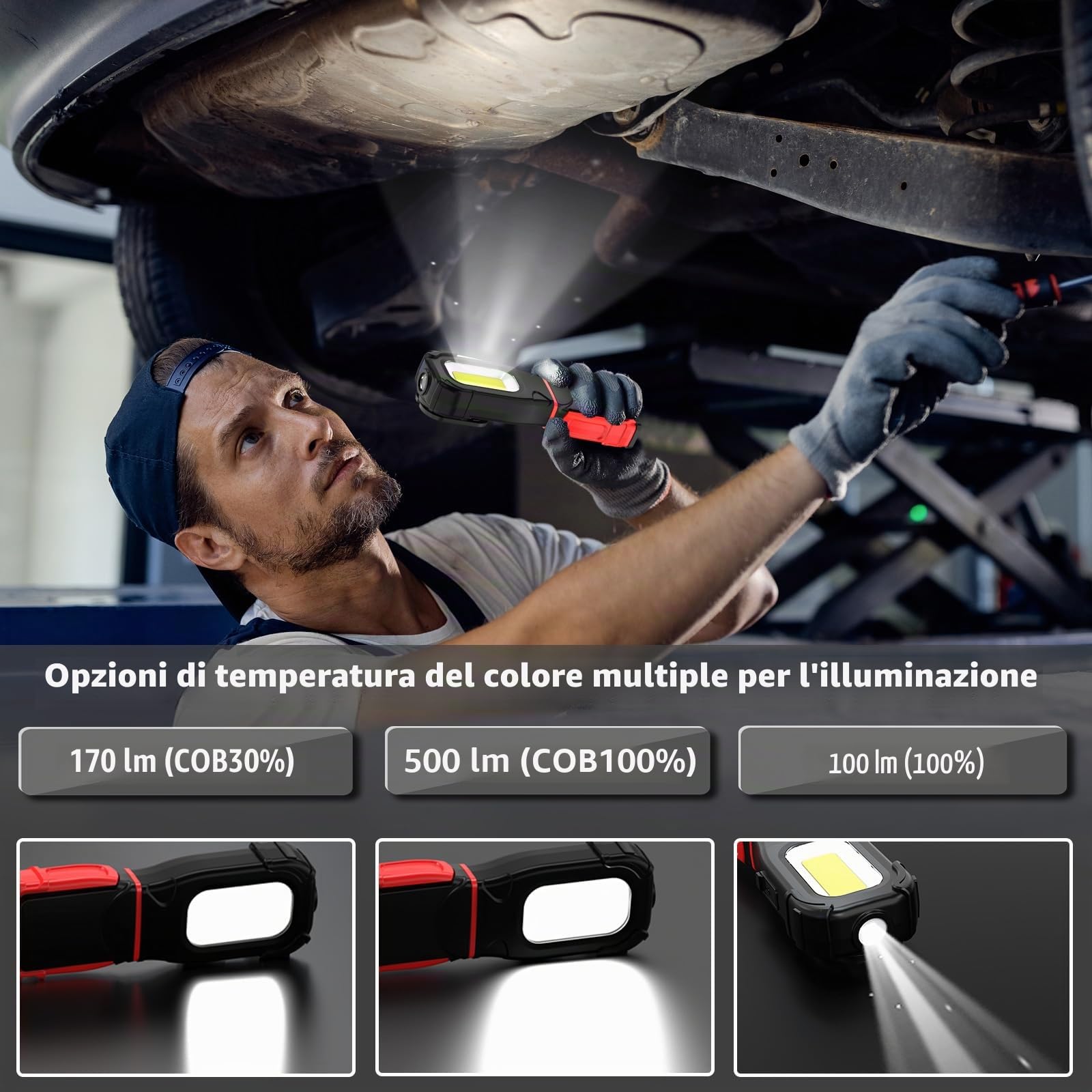 Lampada da lavoro LED rotativa a 360° 3 modalità di illuminazione Lampada da officina LED con piedistallo magnetico e gancio, lampade di ispezione COB per riparazione, garage, campeggio