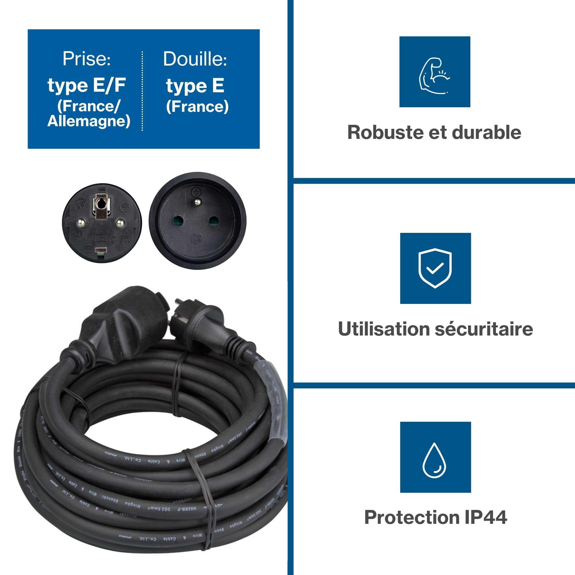 HQ-Power Rallonge, avec gaine rétractile, H05RR-F 3G2.5, 15 m, 16 A/230 V, 3680 W, type E/F, IP44, caoutchouc, noir