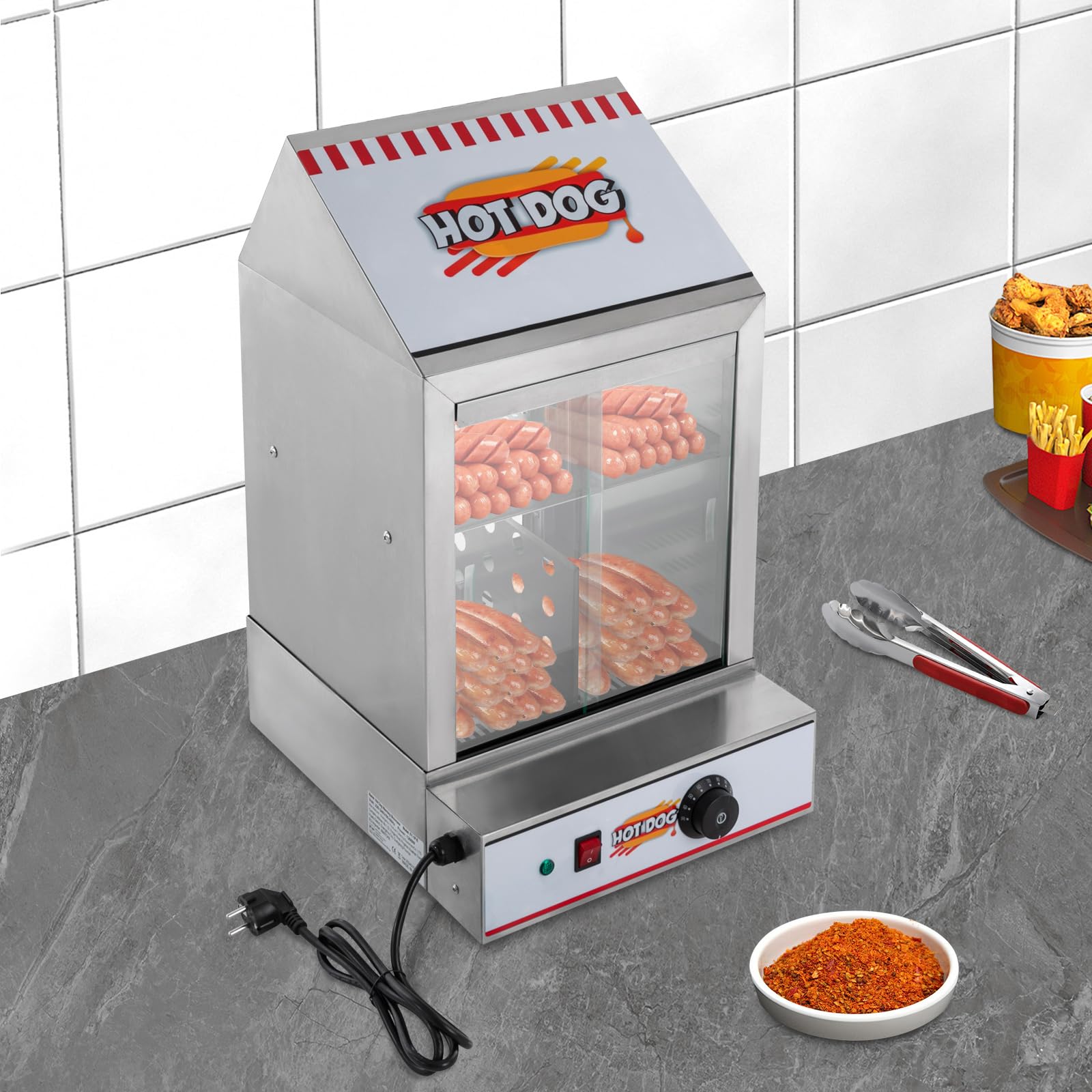 Calentador eléctrico para perros calientes, 1200 W, calentador de perros calientes con bandeja para servir, para mantener calientes salchichas, perros calientes y salchichas de jamón